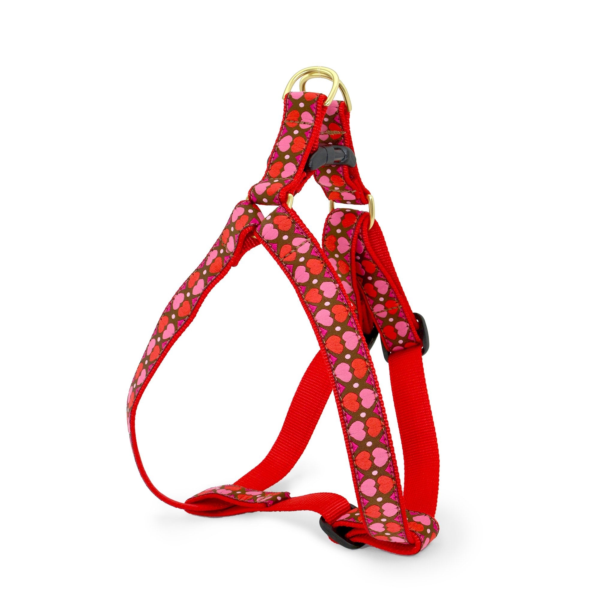 All Hearts Dog Harness red pink valentine gold hardware