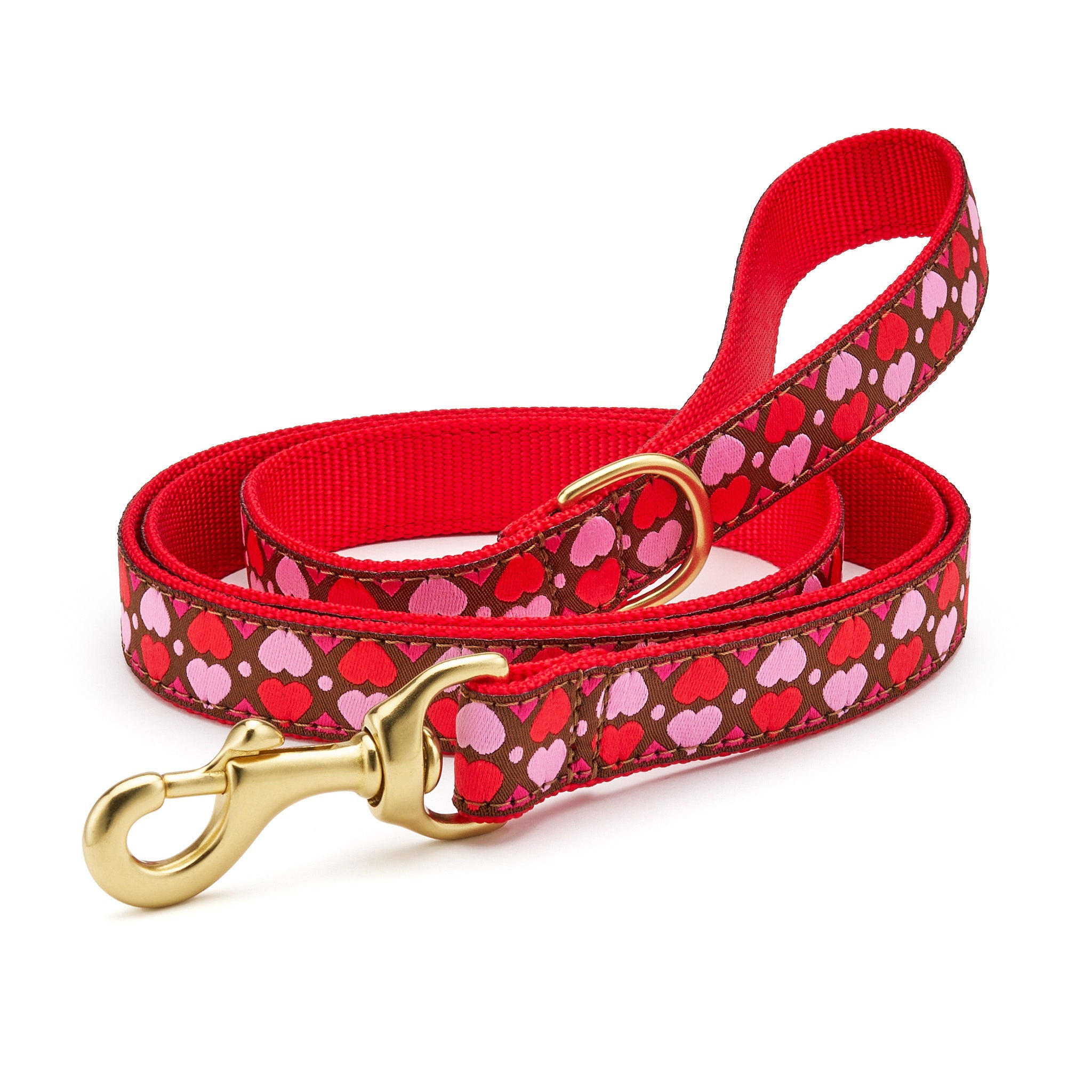 Dog leash with heart pattern and gold clasp on a white background valentine lead red pink
