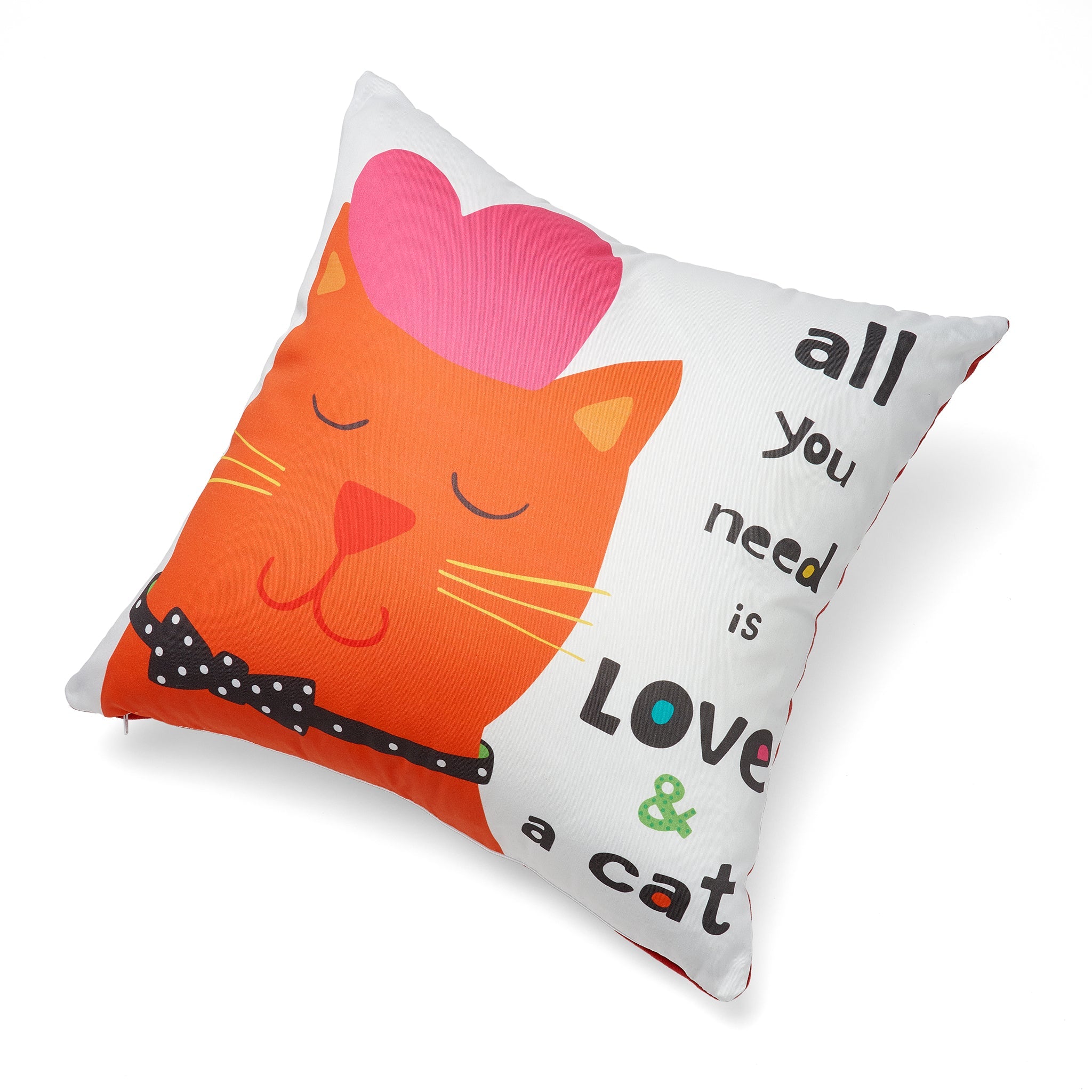Decorative pillow with a cat illustration and text on a white background