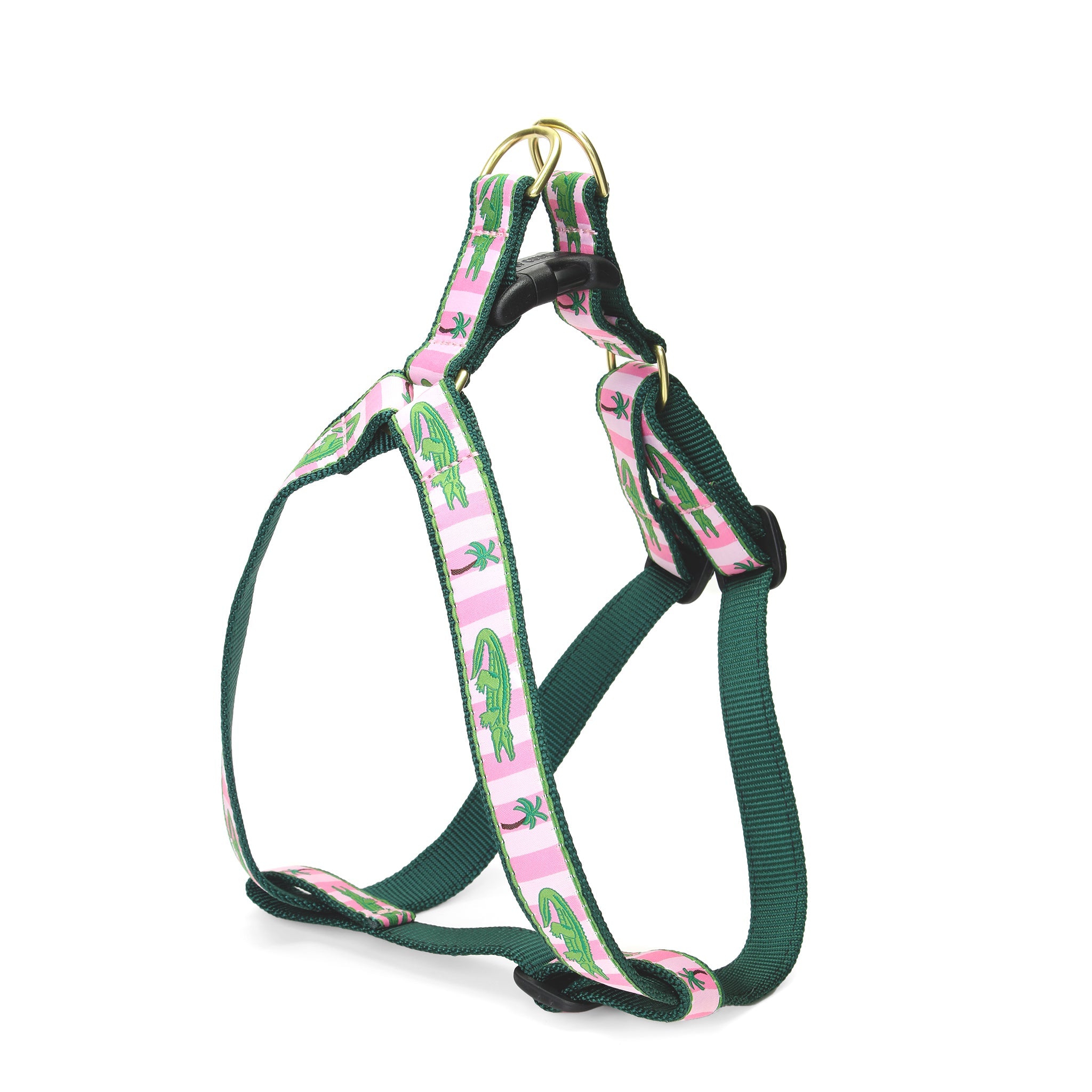 Alligator Dog Harness palm trees pink stripes Gold hardware