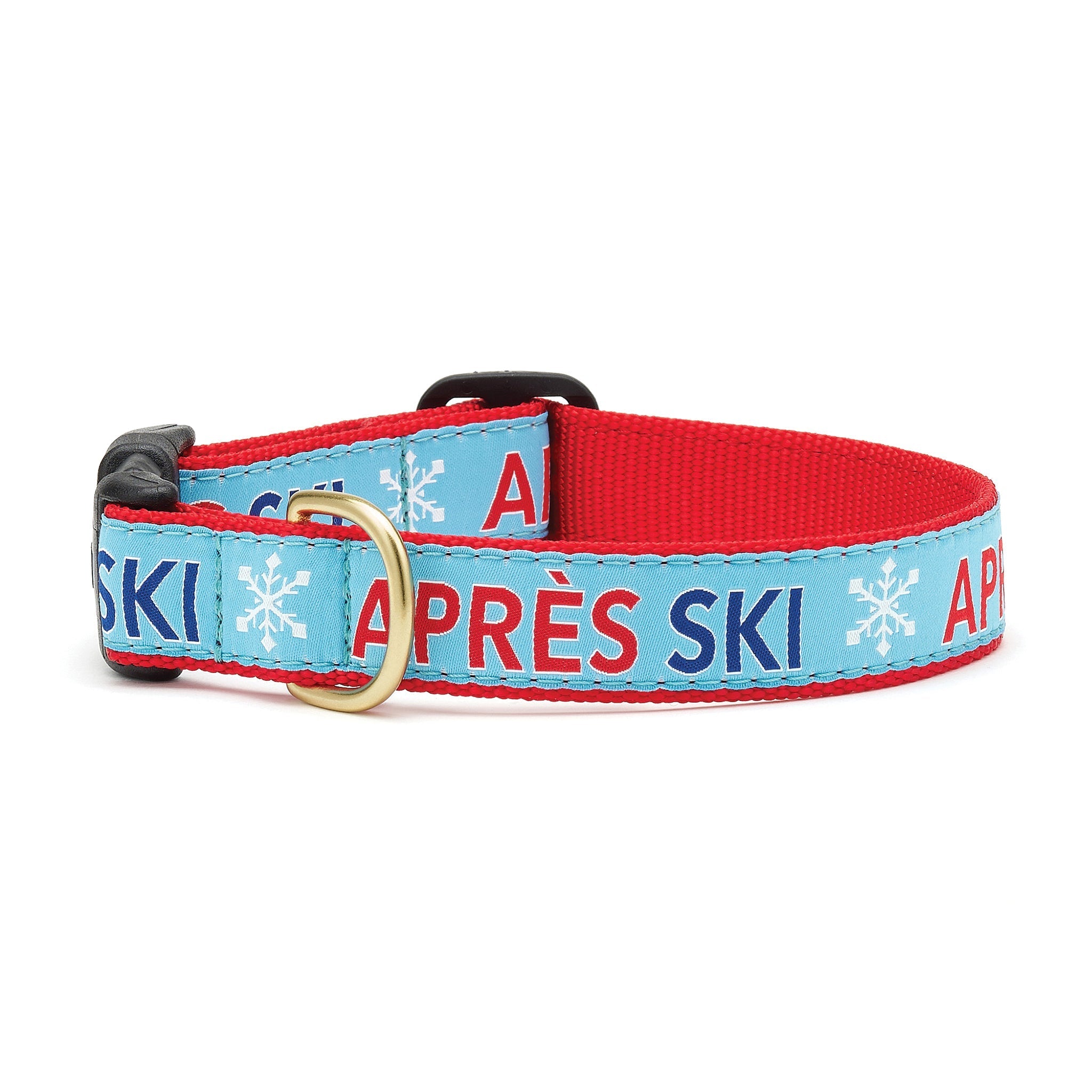 Up Country Inc Apres Ski Dog Collar - light blue ribbon with the words apres ski with white snowflakes on red webbing