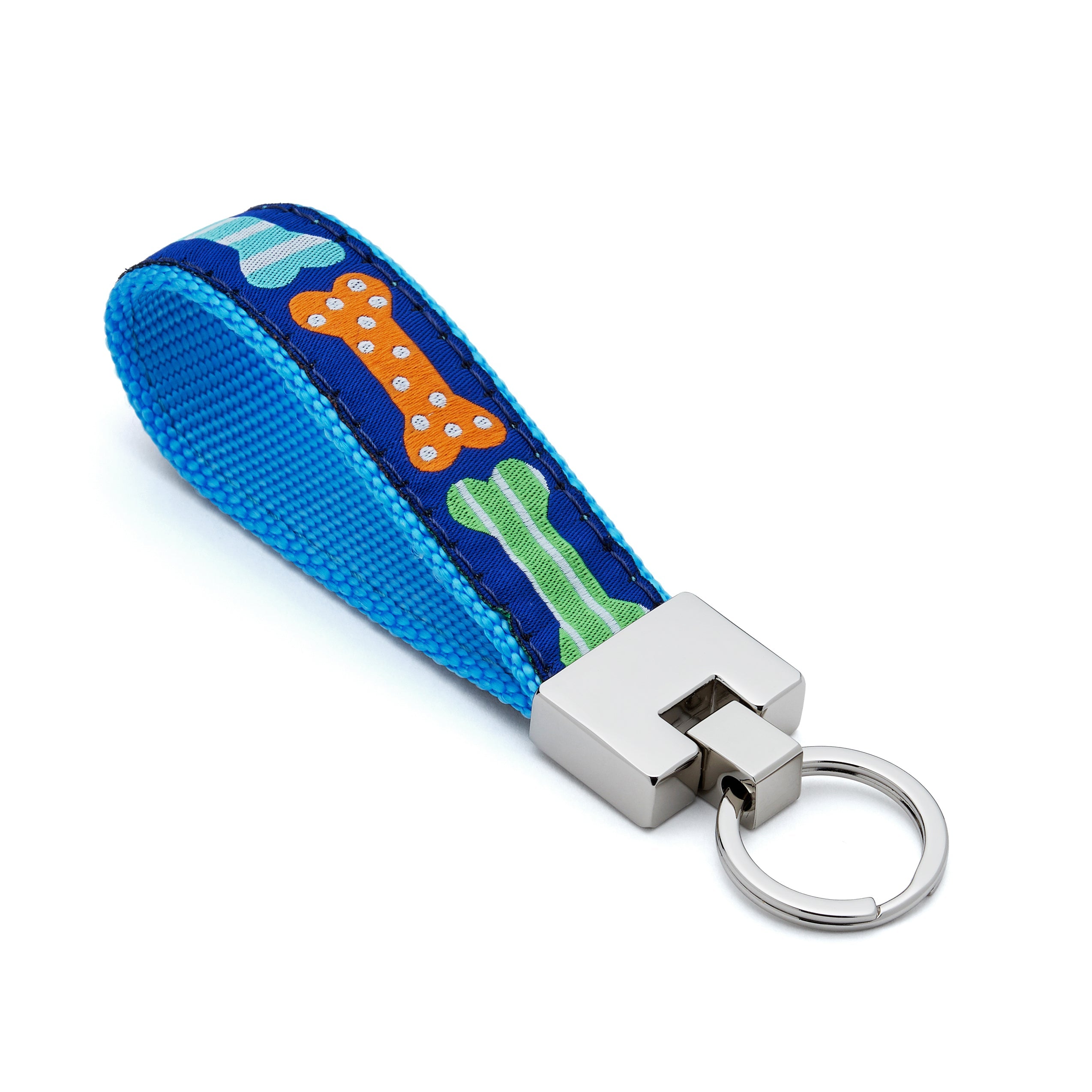 Keychain with blue strap featuring cartoon designs of dog  bones
