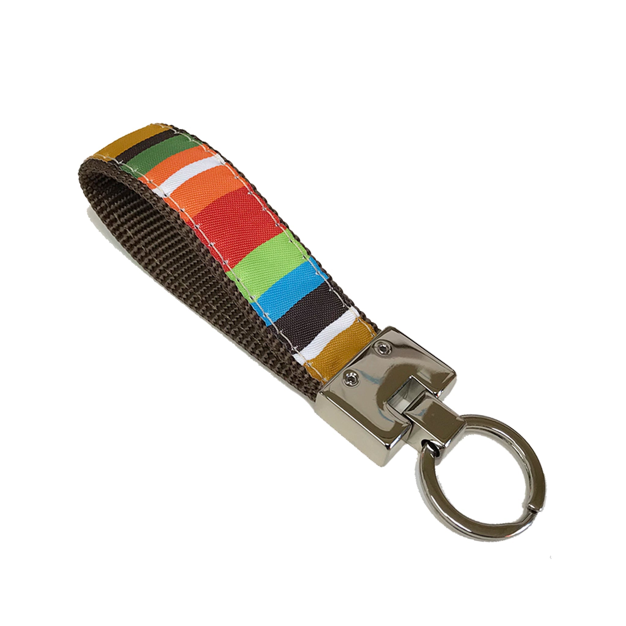 Keychain with colorful striped strap on a white background