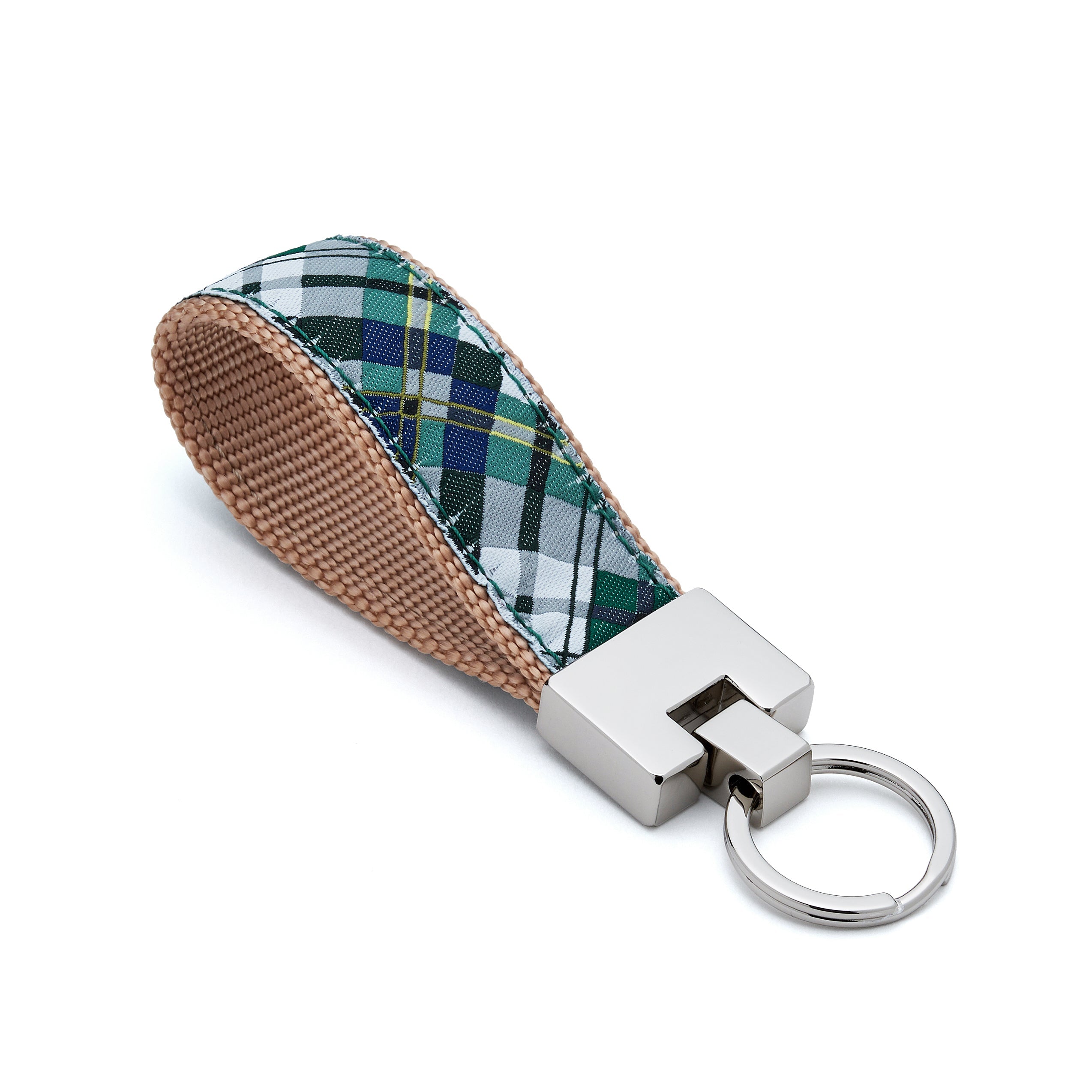 Keychain with plaid fabric strap and metal key ring on a white background green blue