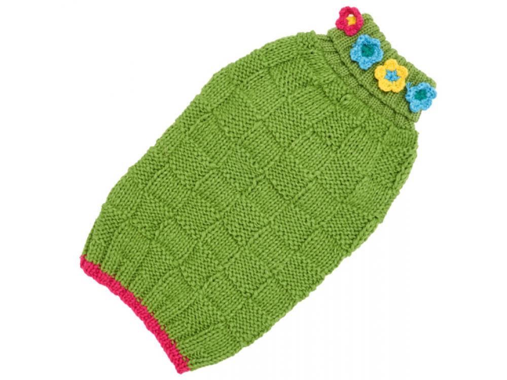 Green knitted dog sweater with colorful flower decorations on a white background