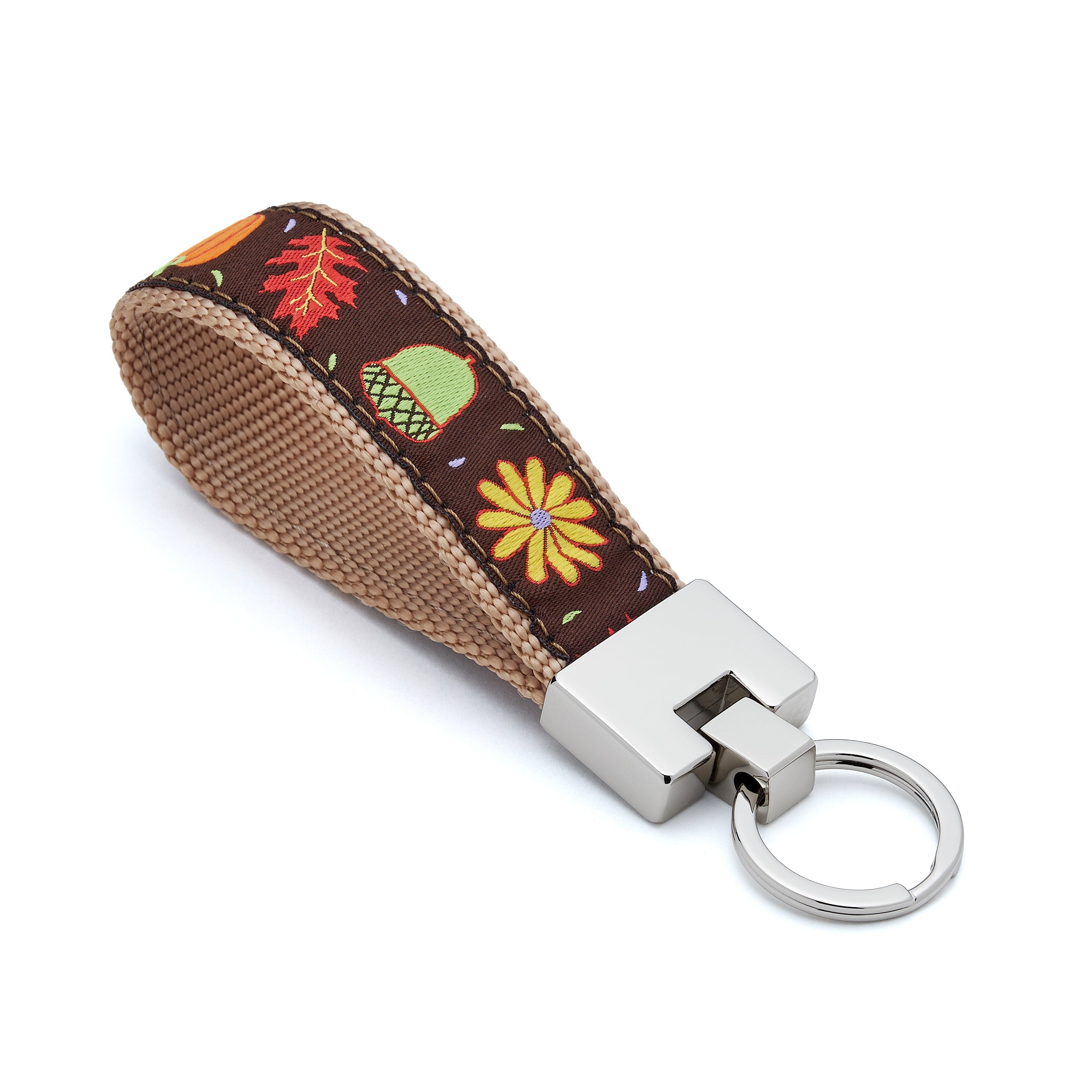 Keychain with fabric strap featuring autumn designs on a white background fall leaves acorn pumpkin