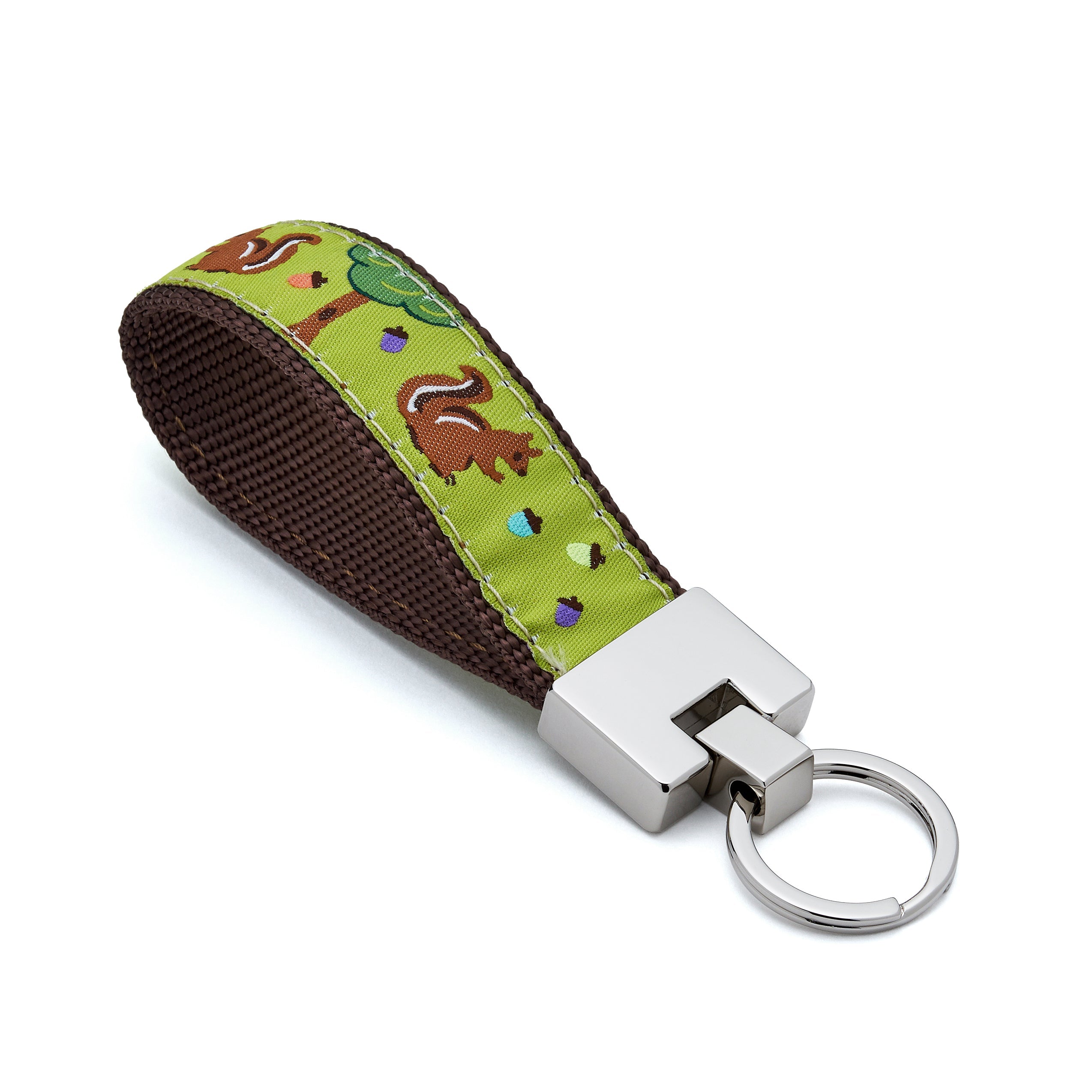 Keychain with a green fabric strap featuring animal designs on a white background squirrel and nuts