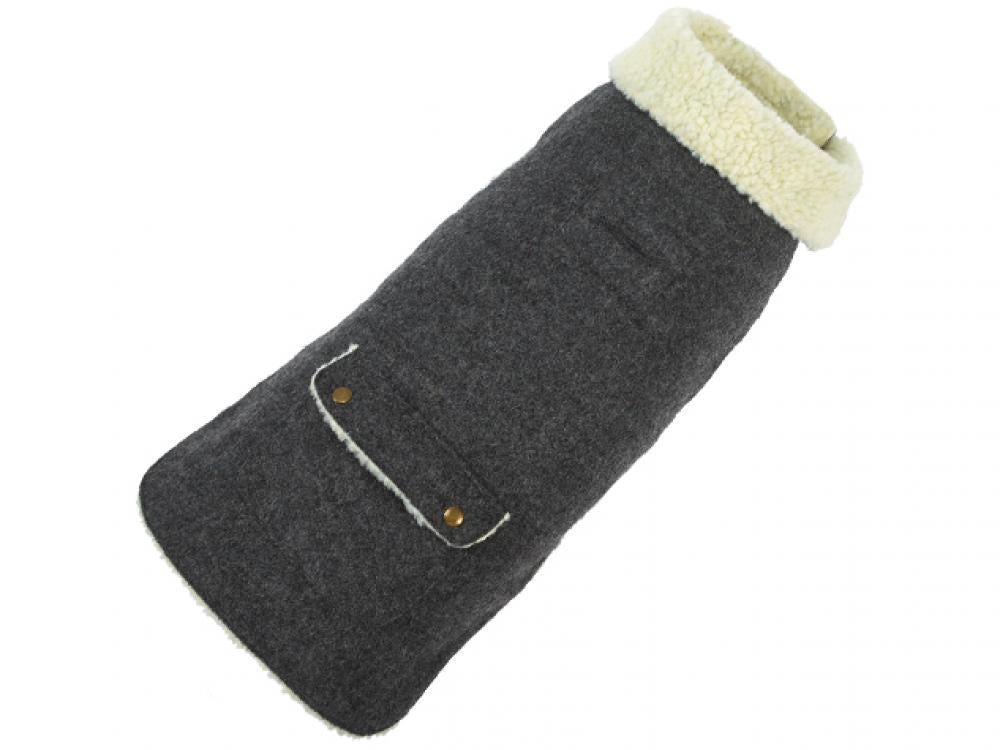 Gray pet coat with cream trim on a white background