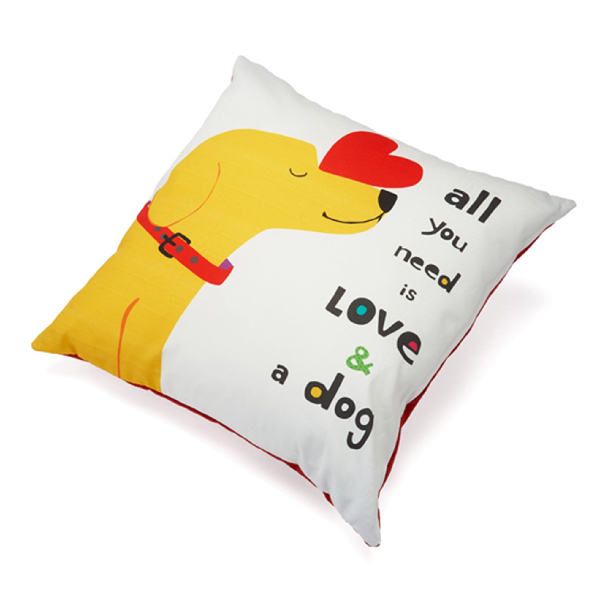 Decorative pillow with a cartoon dog and text on a white background
