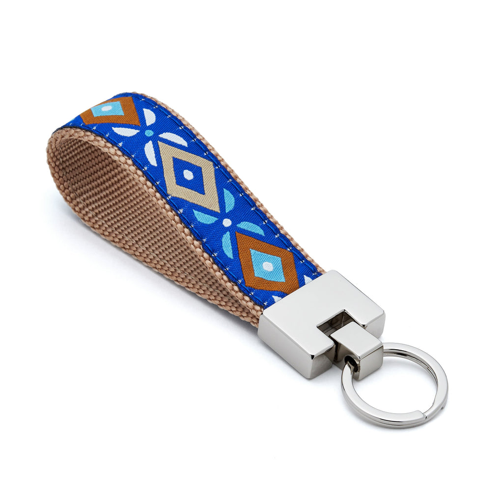 Aztec Blue Keychain design diamond blue tan brown silver hardware