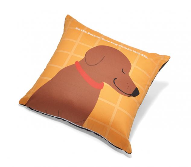 Pillow with a cartoon dog design on an orange background