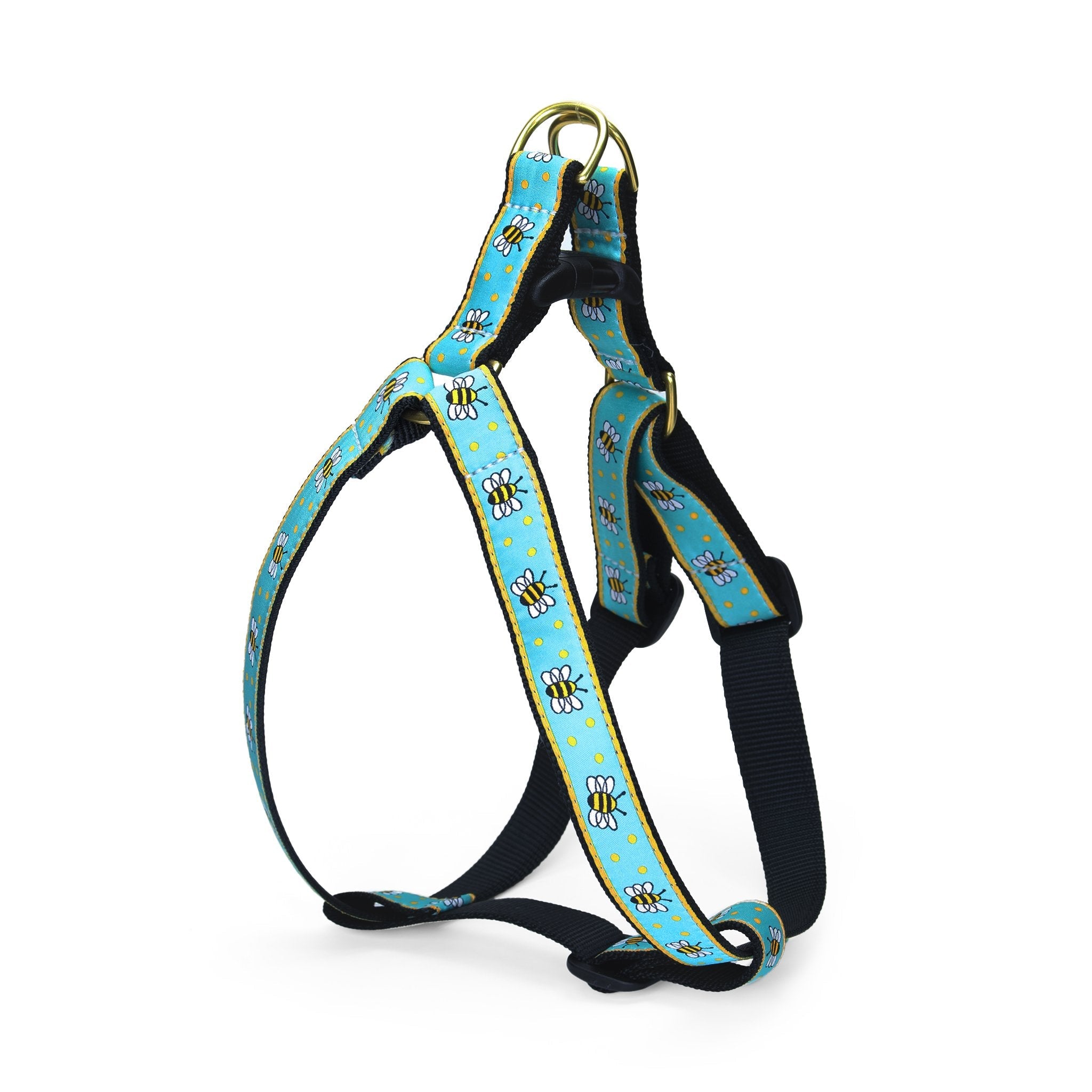 Dog harness with bee pattern on a white background