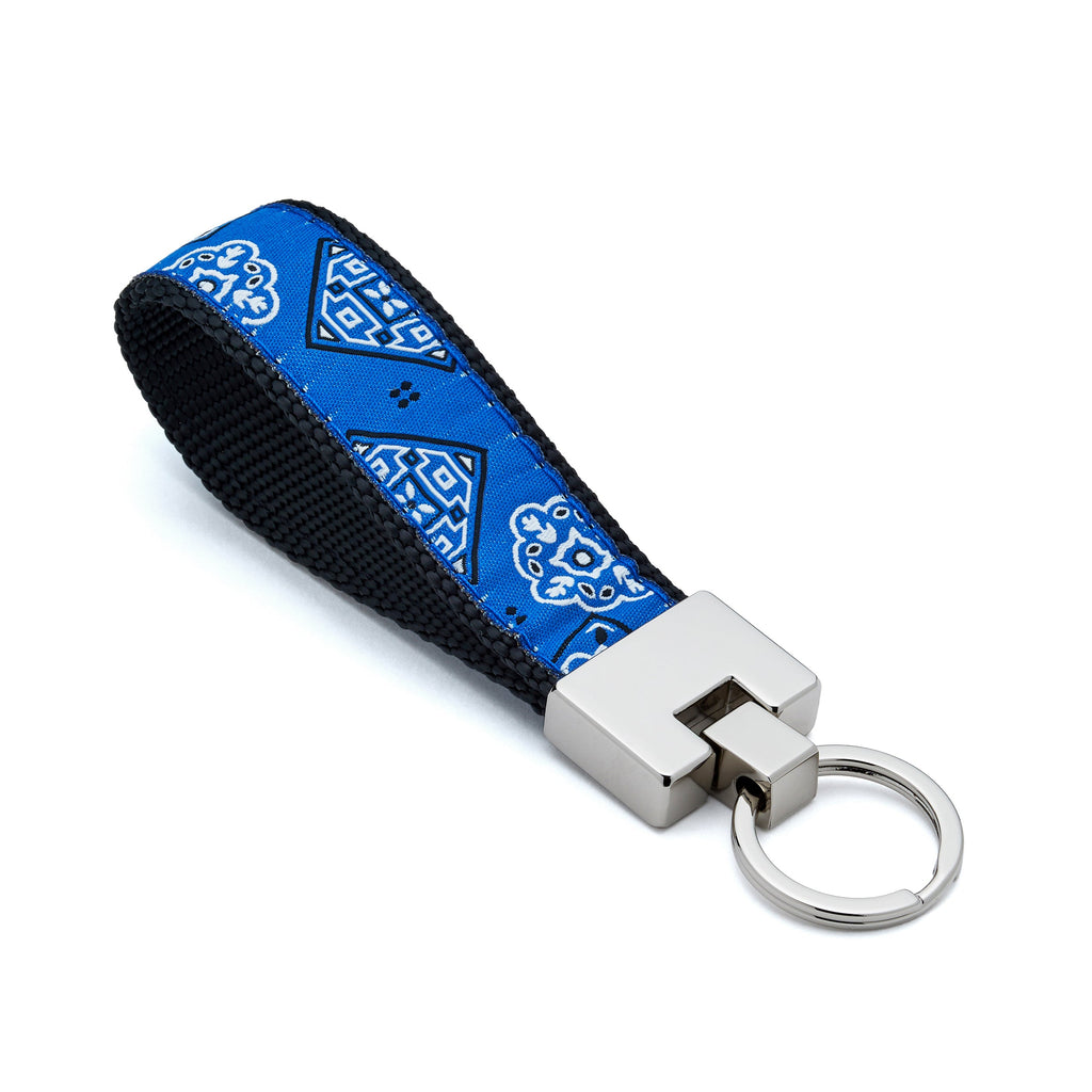 Keychain with blue patterned strap and silver keyring on a white background bandana 