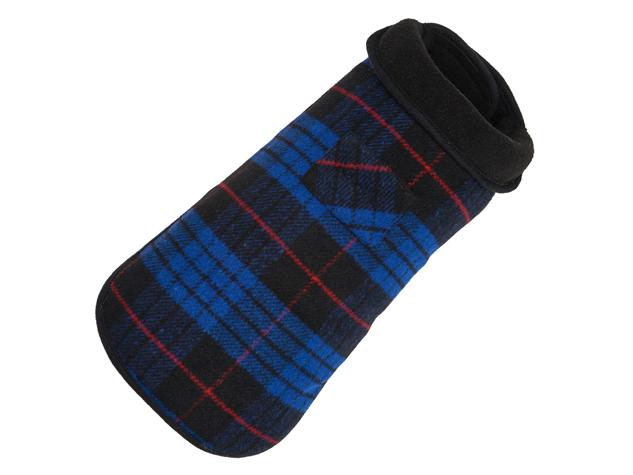 Plaid dog sweater with black and blue pattern on a white background