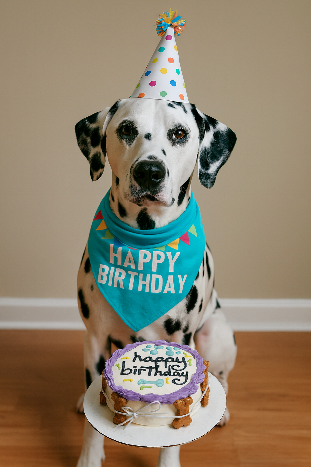 Dalmatian dog wearing a 'Happy Birthday' bandana and party hat, standing next to a birthday cake.