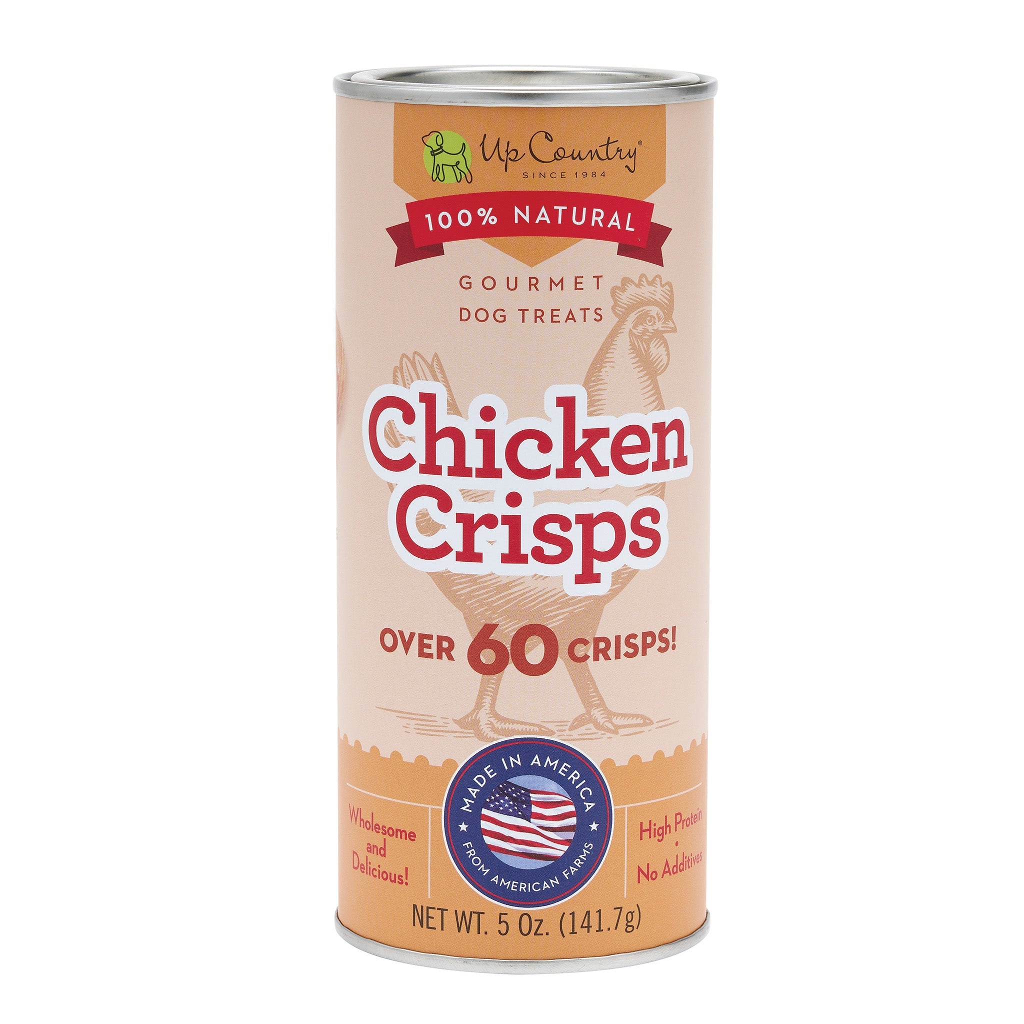 Can of Up Country Chicken Crisps dog treats on a white background