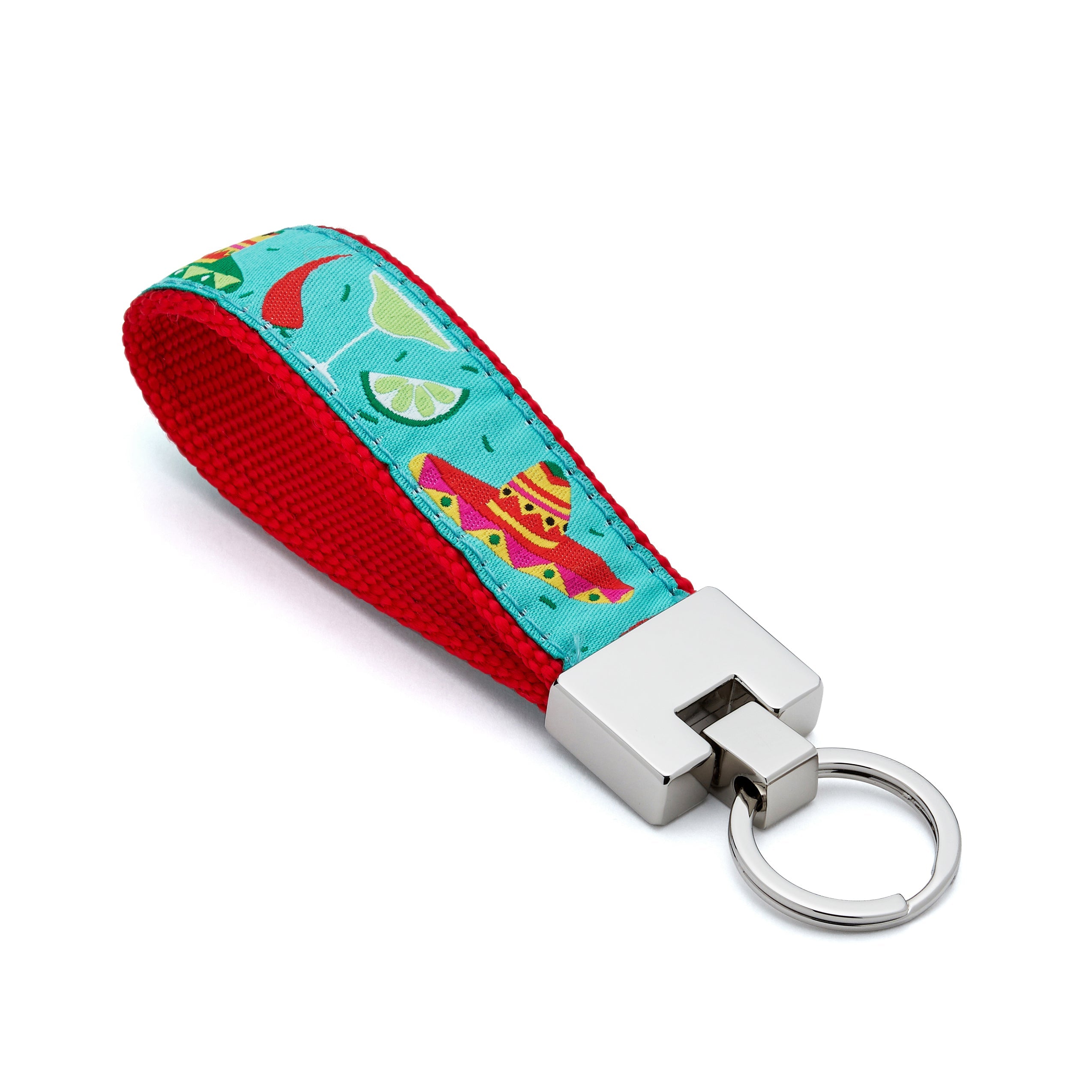 Keychain with red strap and colorful pattern on a white background Cinco De Mayo sombrero Margarita