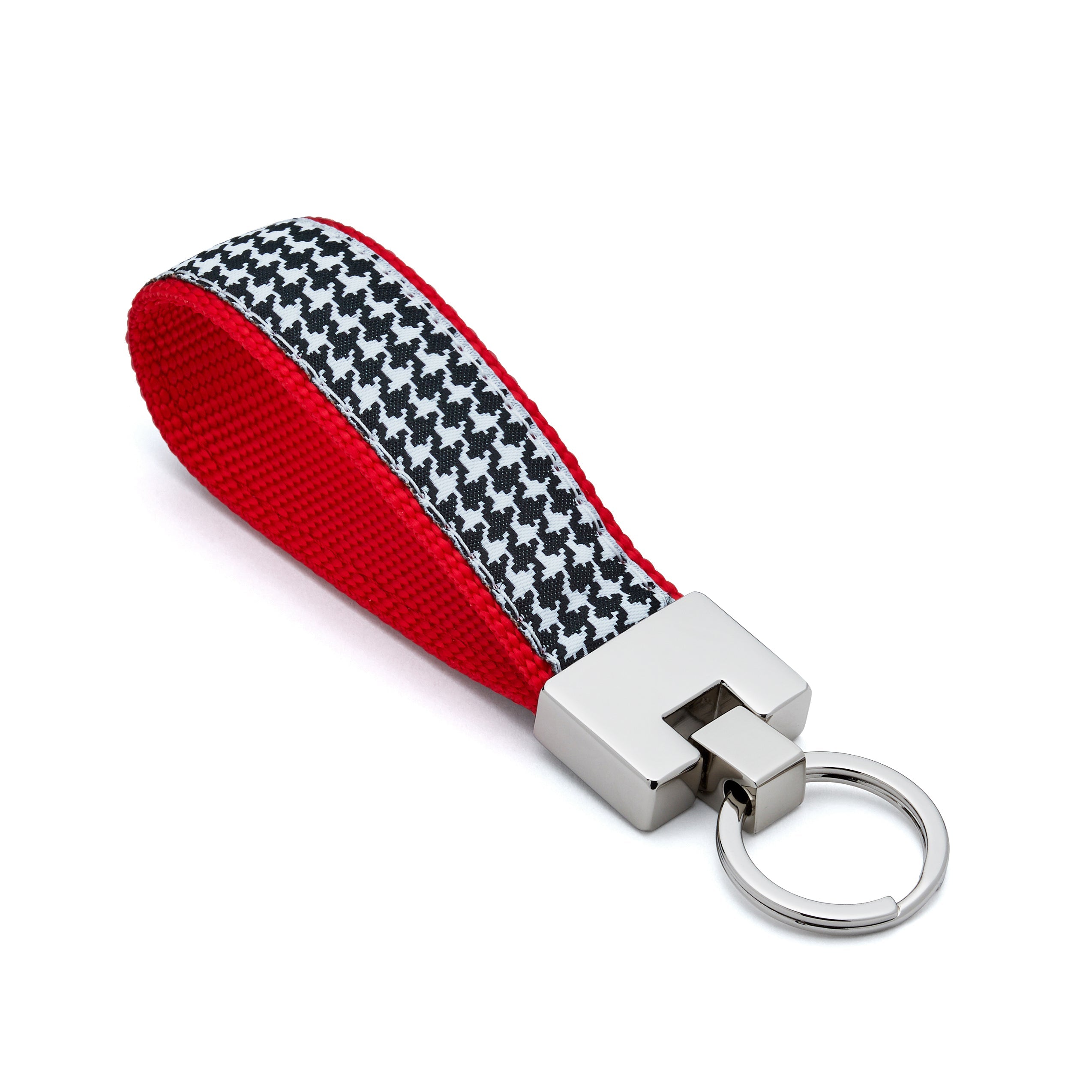 Keychain with red and patterned strap on a white background houndstooth roll tide Alabama