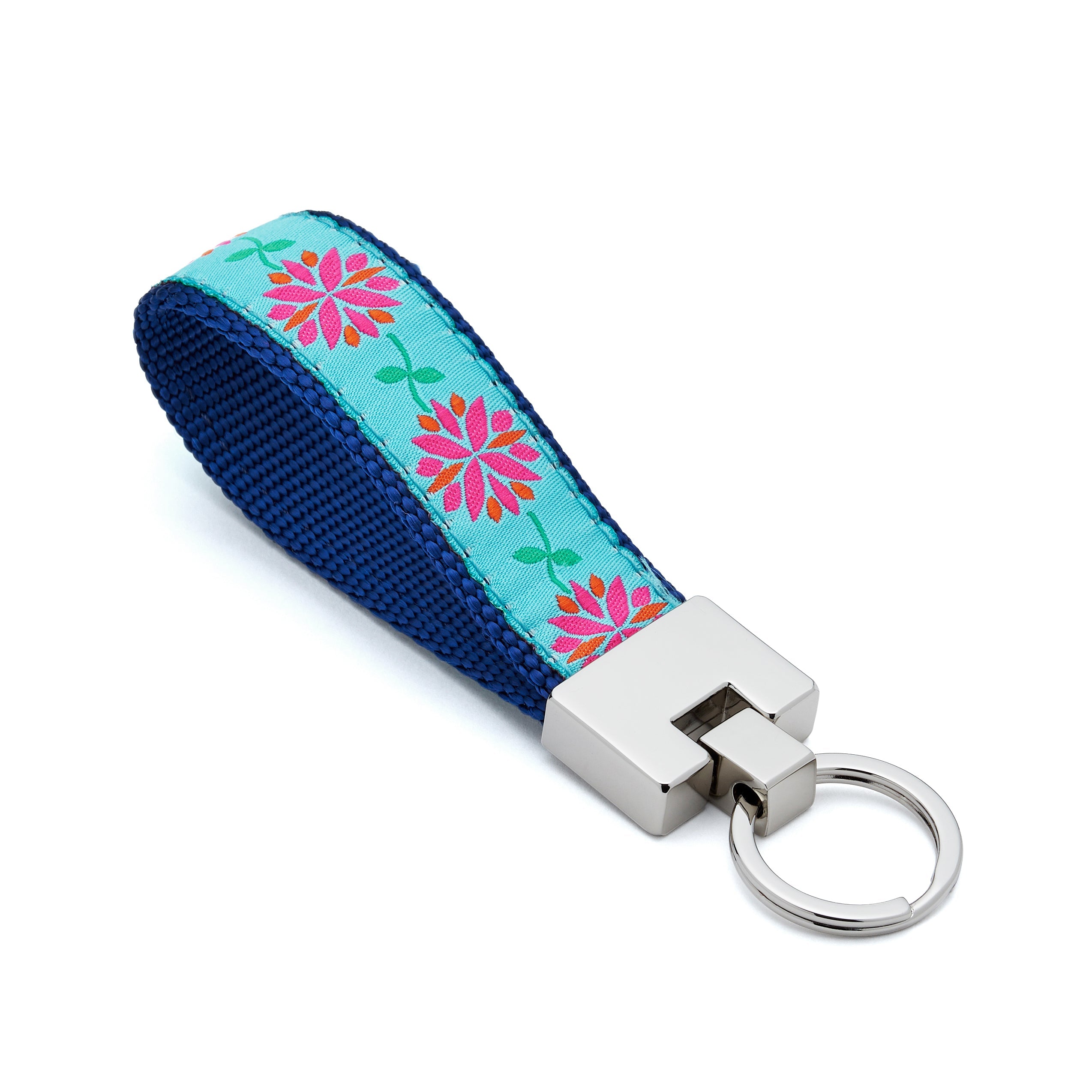Keychain with floral patterned strap on a white background dahlia flower