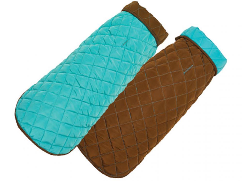 Pair of quilted mittens with turquoise and brown design on a white background