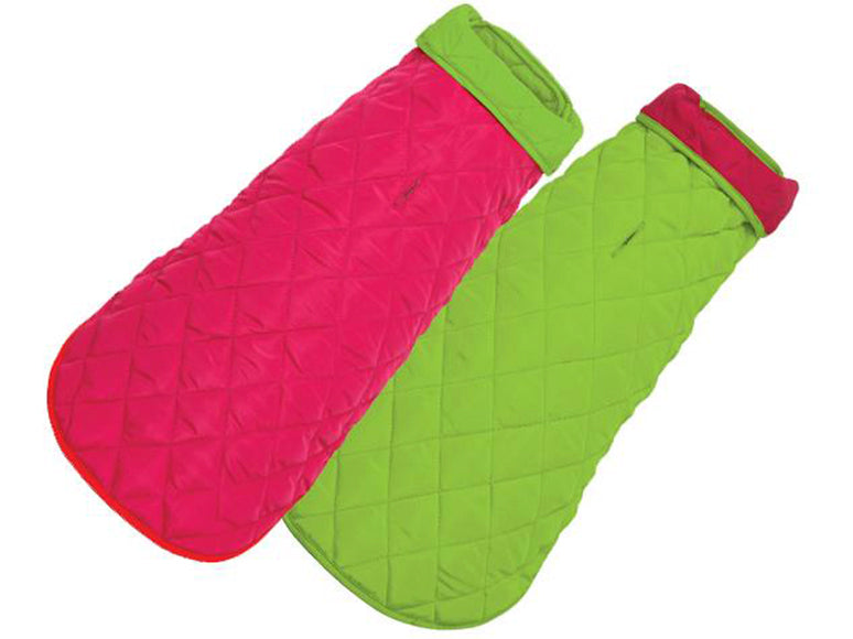 Two quilted mittens, one pink and one green, on a white background.