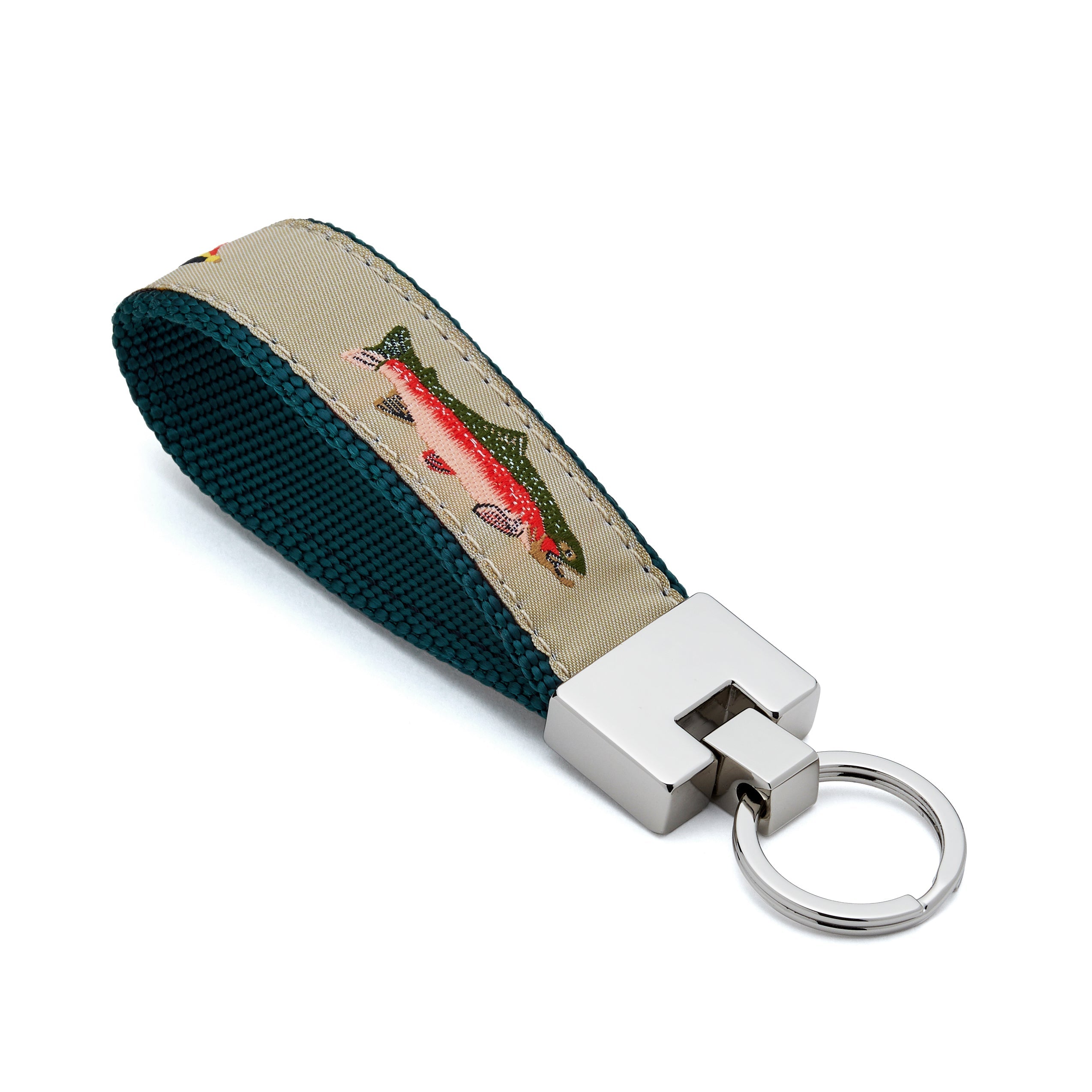 Keychain with fish design on a beige and green strap on a white background fly fishing gift trout 