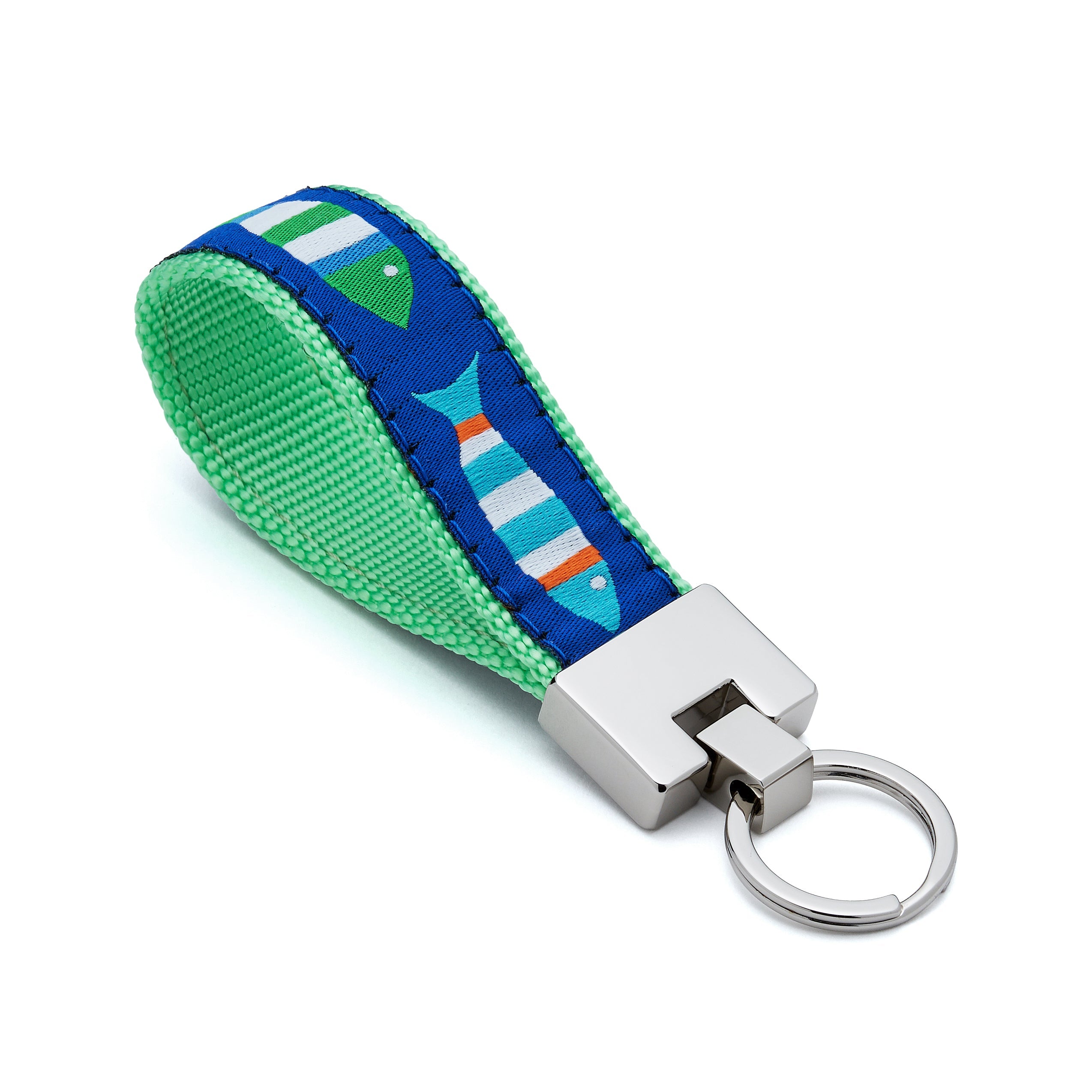 Keychain with green and blue strap on a white background striped fish