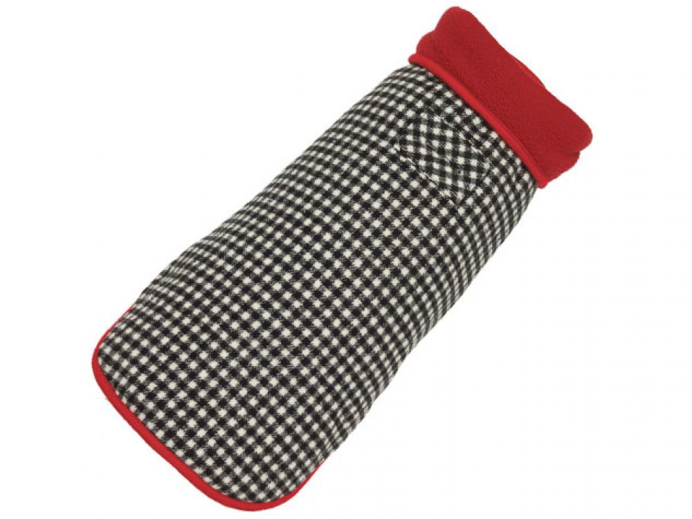Dog coat with black and white checkered pattern and red trim on a white background roll tide alabama