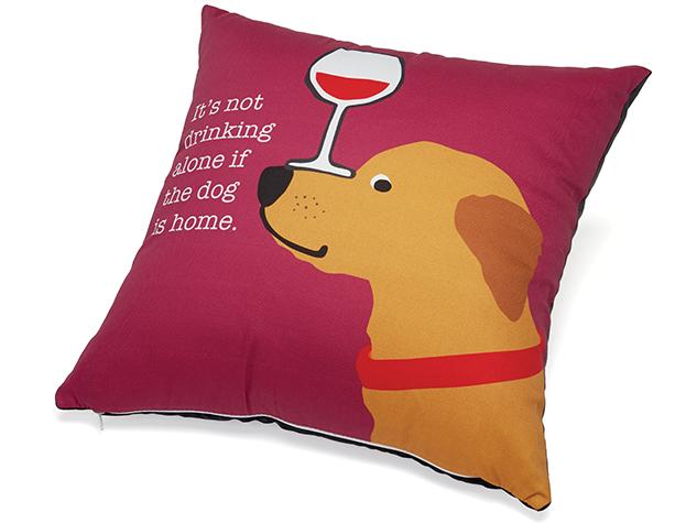 Decorative pillow with a dog and wine glass design on a pink background Its not drinking alone if the dog is home
