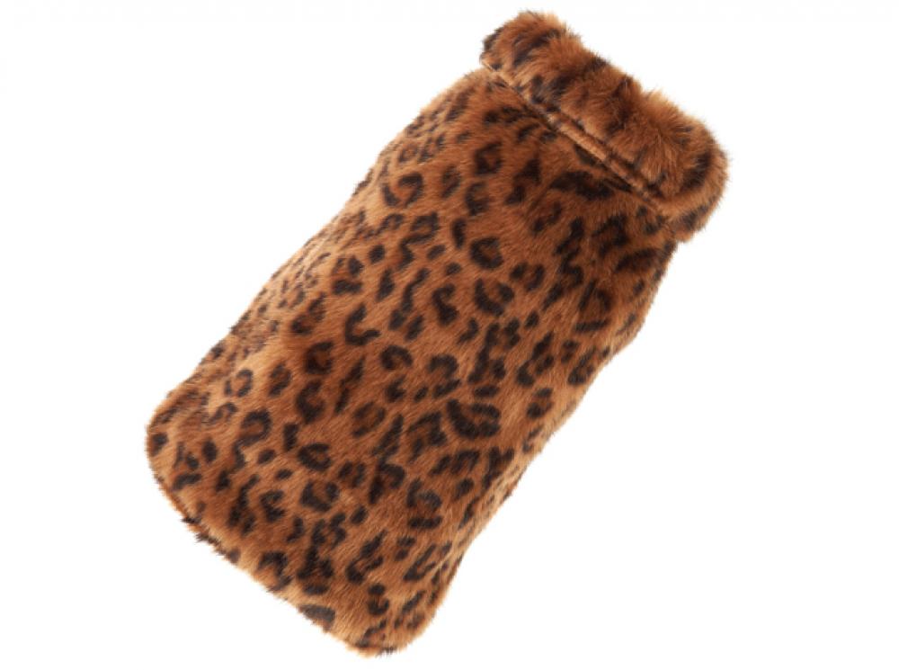 Leopard print hot water bottle on a white background posh puppy