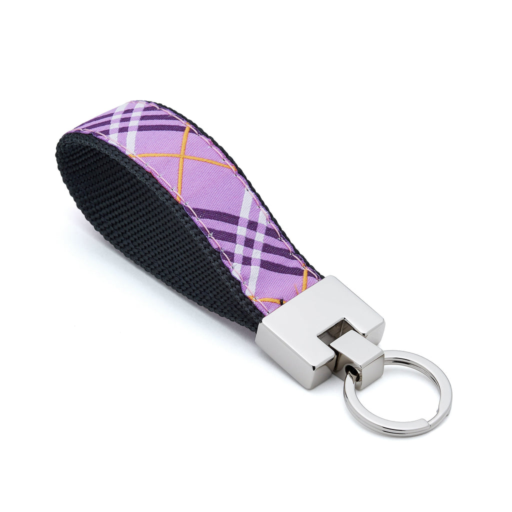 Keychain with purple plaid patterned strap on a white background