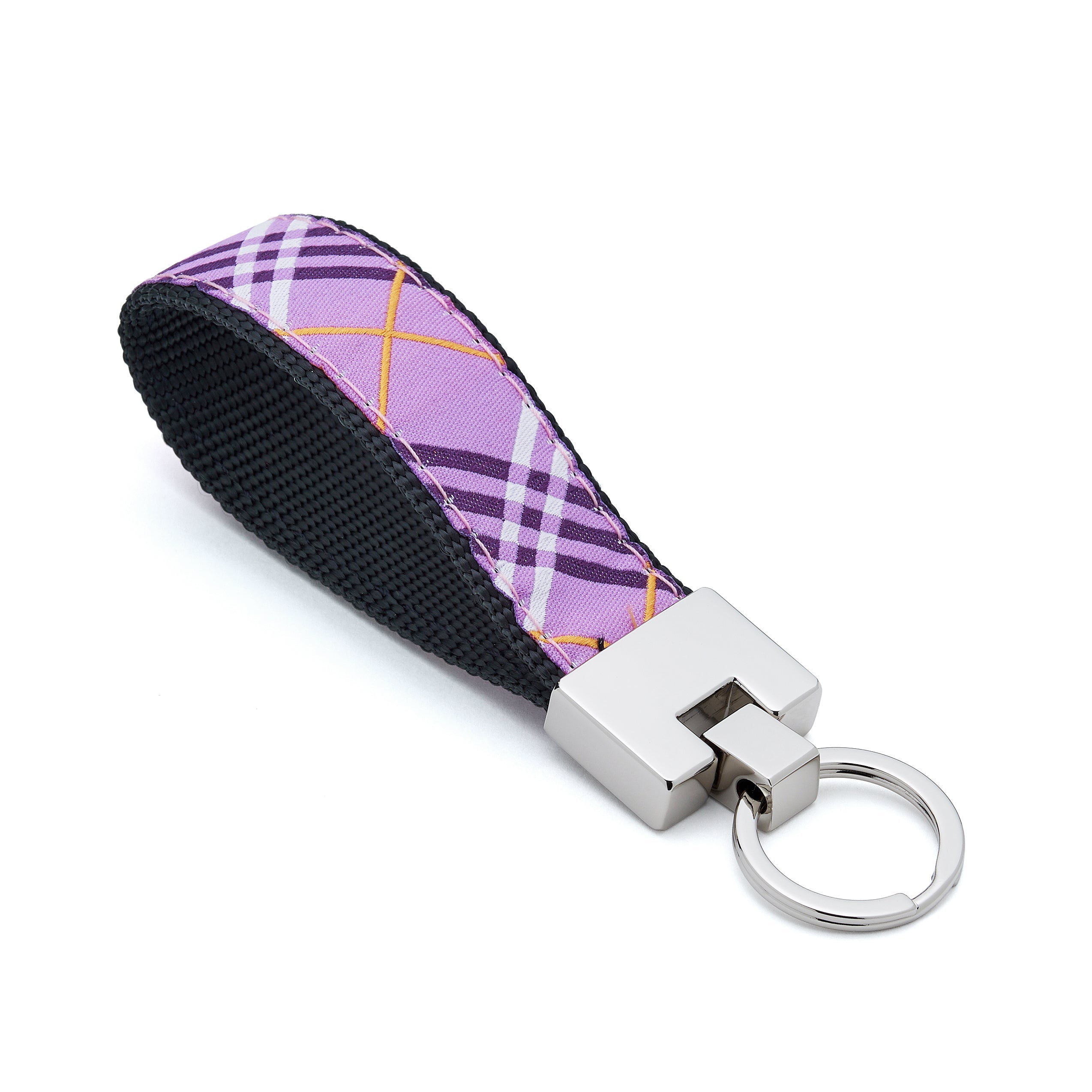 Keychain with purple plaid patterned strap on a white background