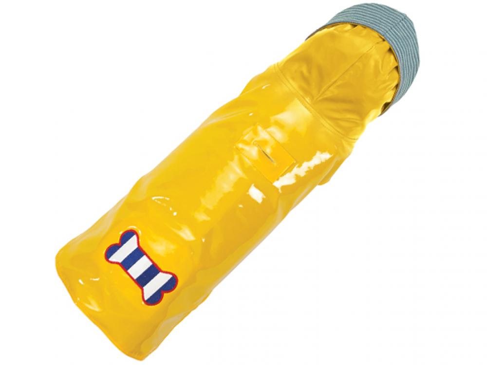 Yellow  dog rain coat with a gray top on a white background
