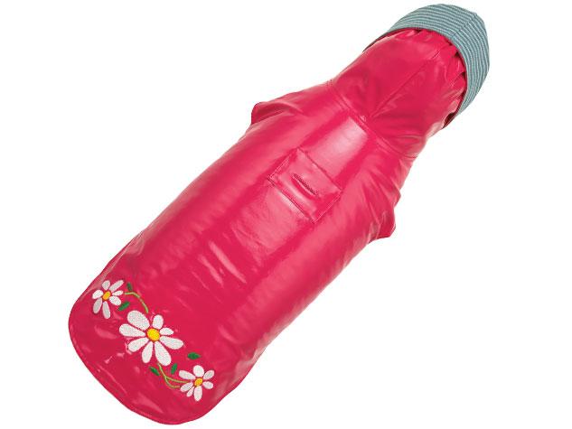 Pink  puffer jacket with floral designs on a white background