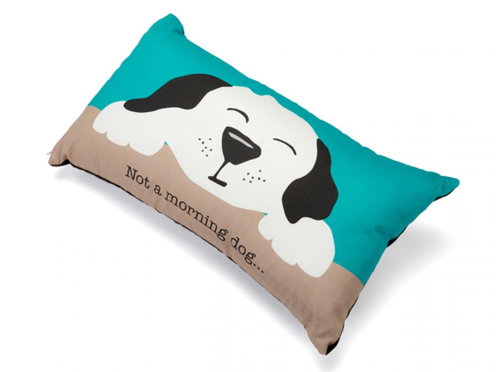 Pillow with a dog illustration and text 'Not a morning dog' on a teal and brown background