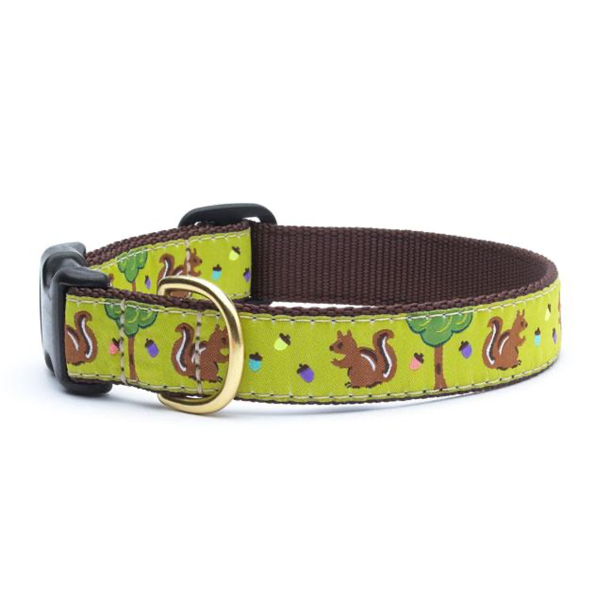 Dog collar with squirrel and tree pattern on a white background