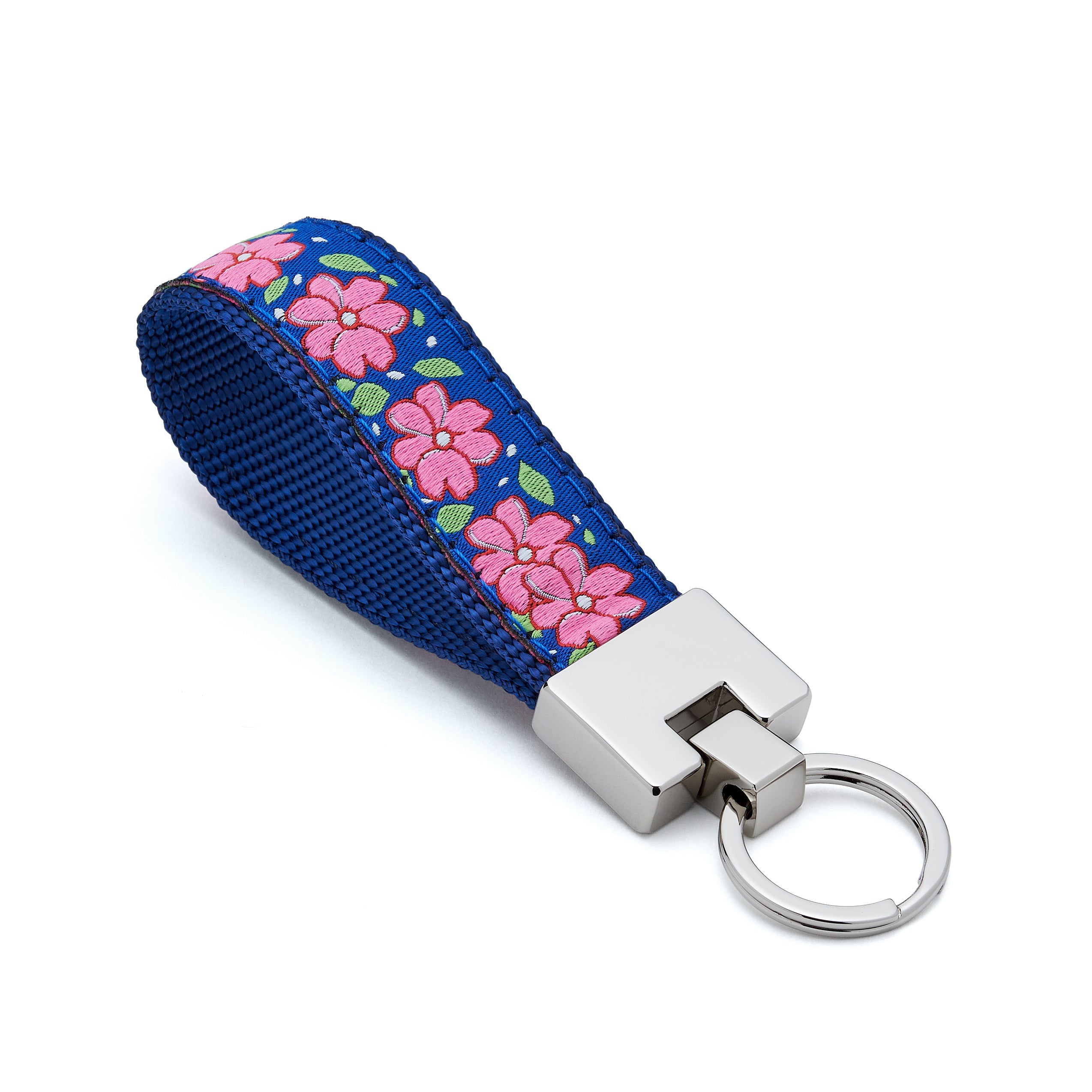 Keychain with blue strap featuring pink flowers on a white background floral