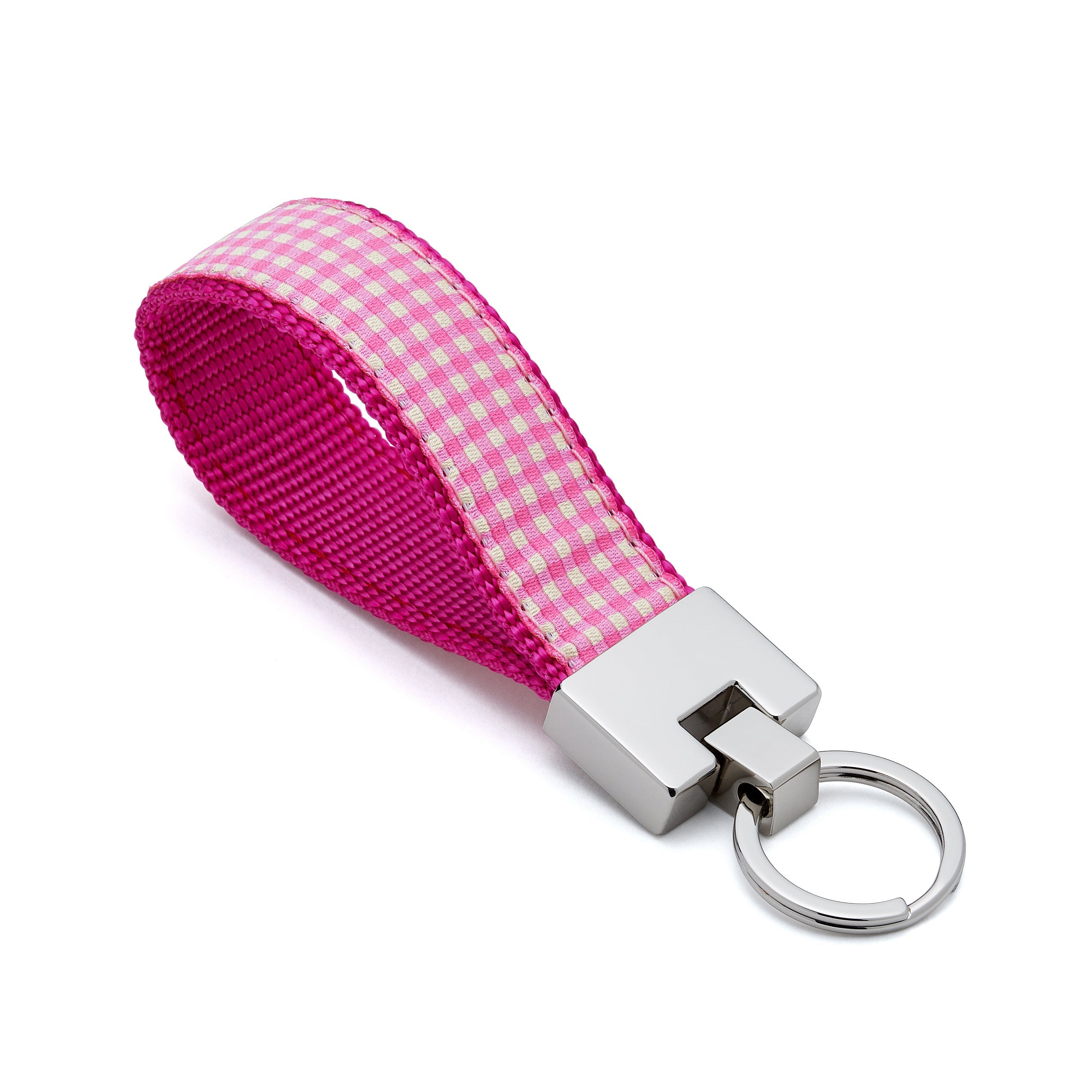 Keychain with pink checkered strap and metallic keyring on a white background