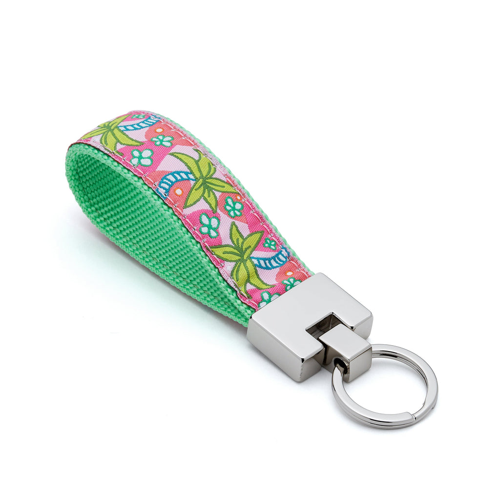Keychain with a colorful fabric strap on a white background palm tree 
