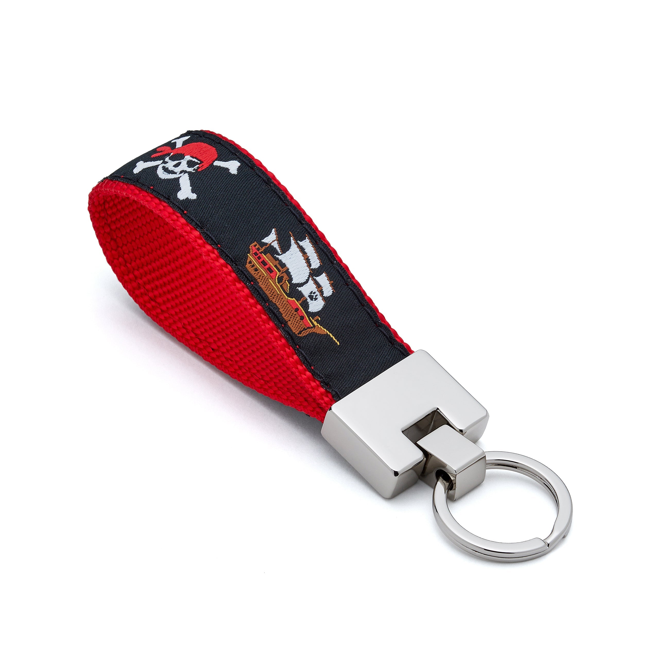 Pirate-themed keychain with red and black strap on a white background jack sparrow