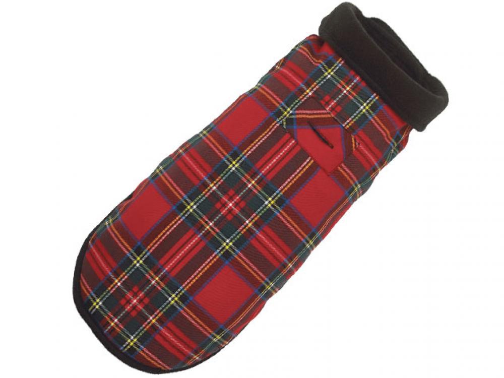Red plaid dog coat on a white background