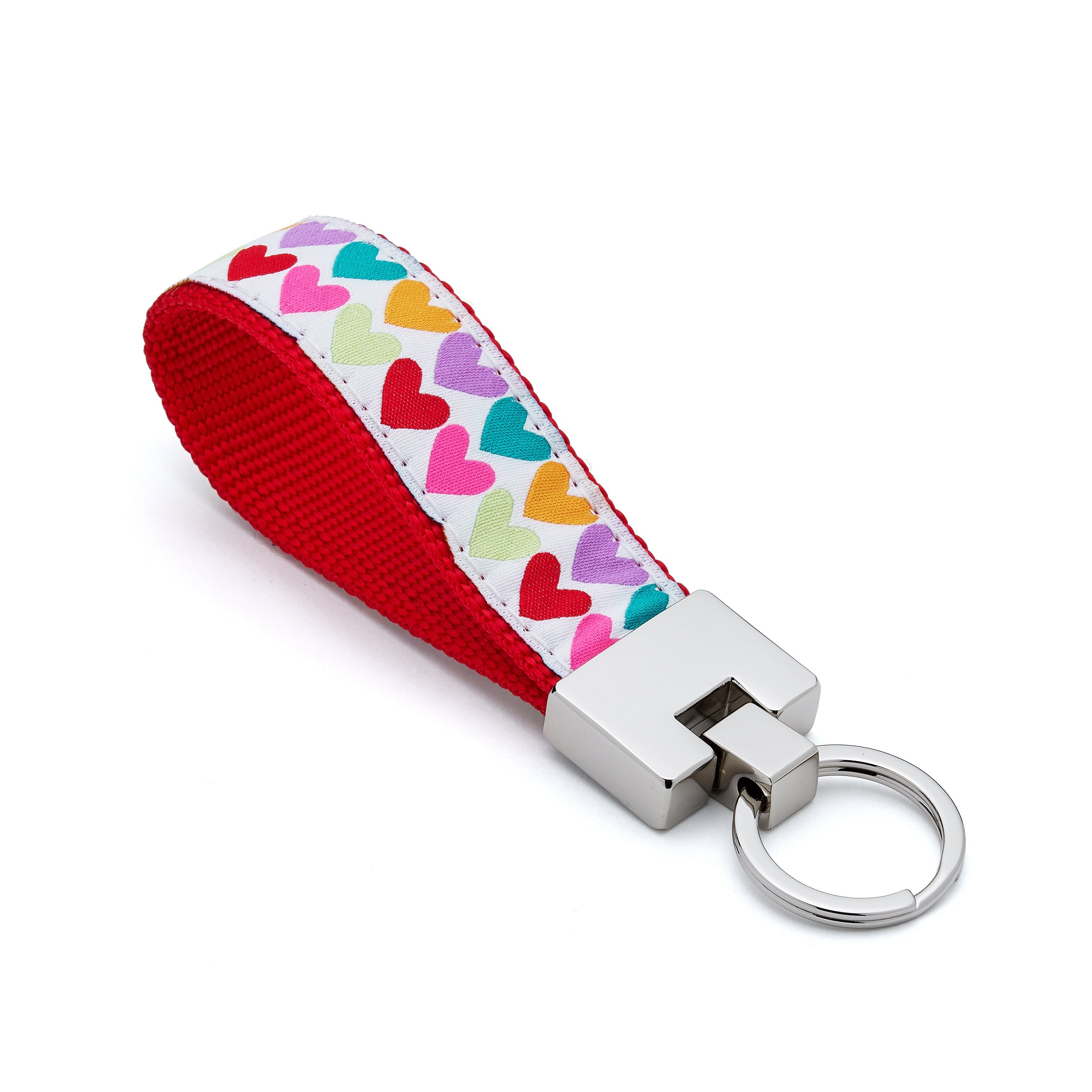 Keychain with colorful heart pattern on a red strap and silver keyring love valentine