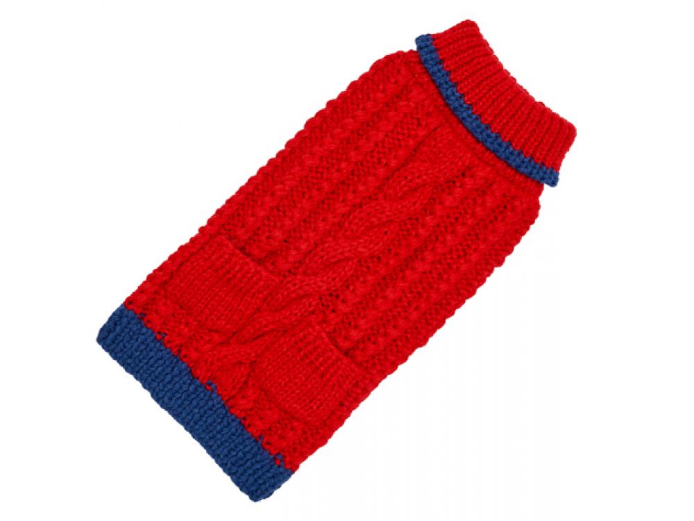Red knitted dog sweater with blue trim on a white background