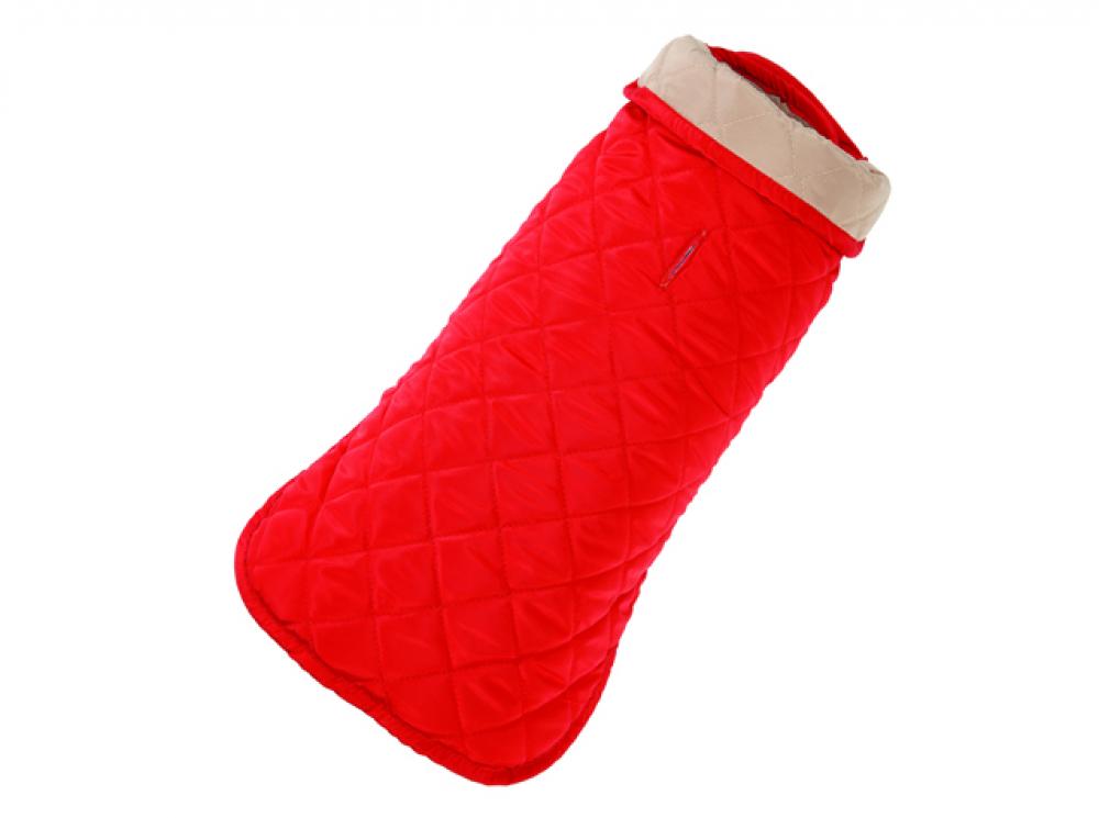 Red quilted dog coat with beige trim on a white background