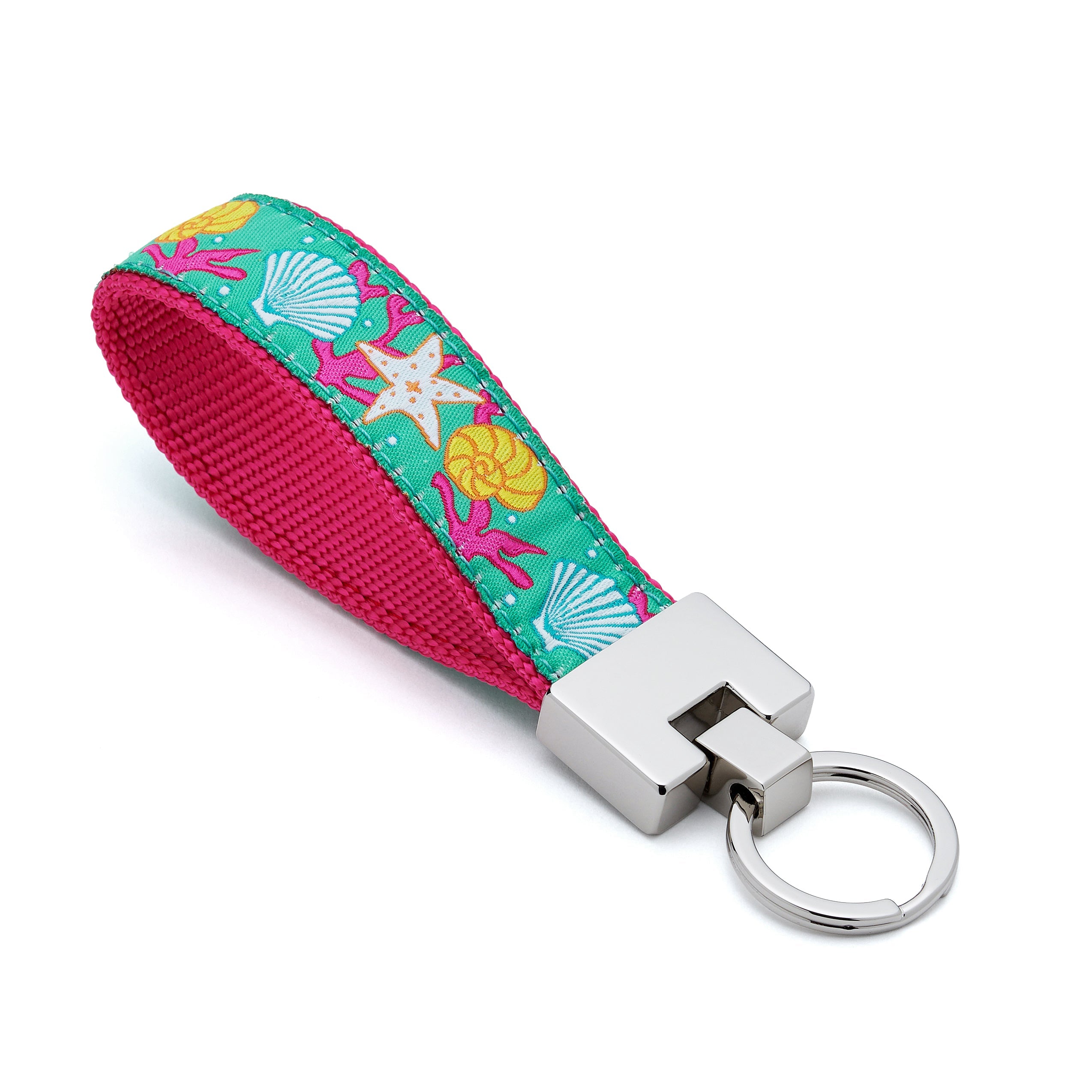Keychain with colorful sea-themed pattern on a white background