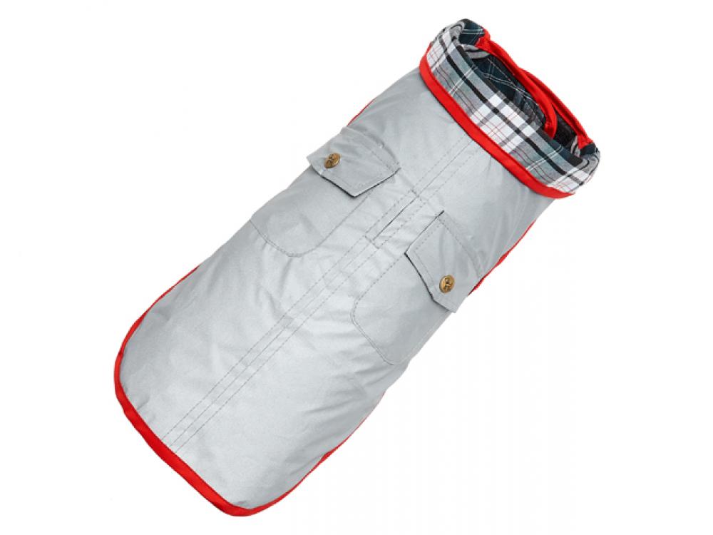 Gray quilted jacket with red trim on a white background