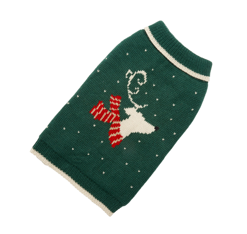 merry christmas Green knitted dog sweater with reindeer design on a white background  holiday