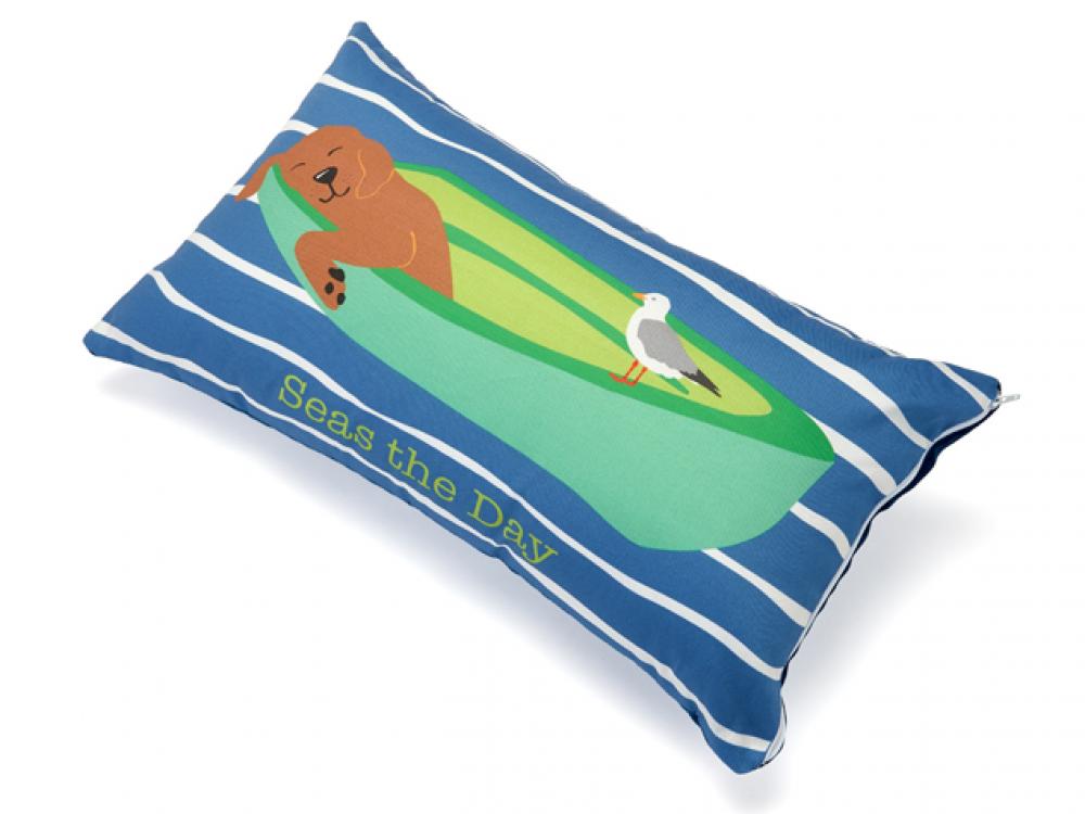 Pillow with a dog in a BOAT and 'Seas the Day' text on a blue and white striped background. SEAGULL