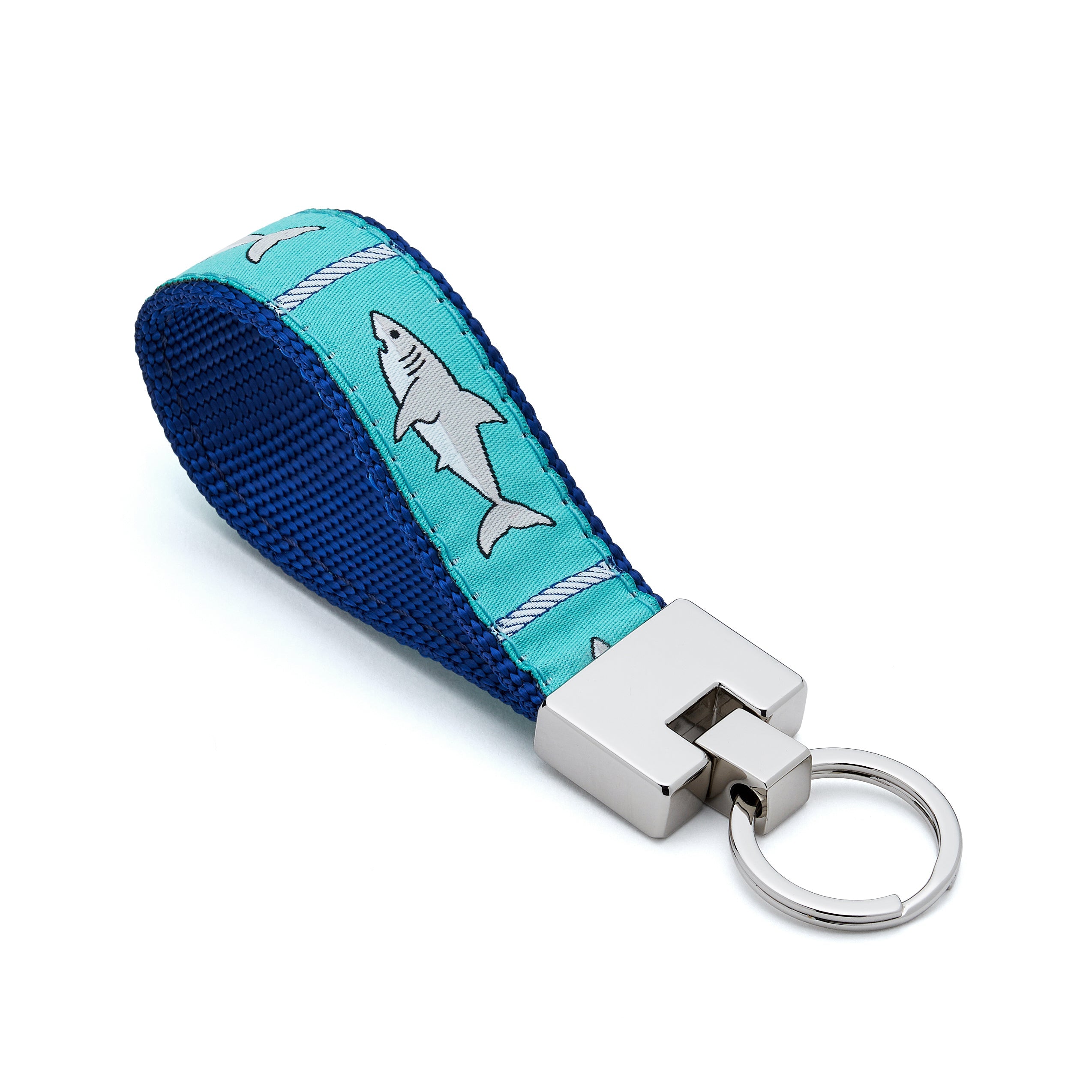 Keychain with shark design on a blue and turquoise strap mako