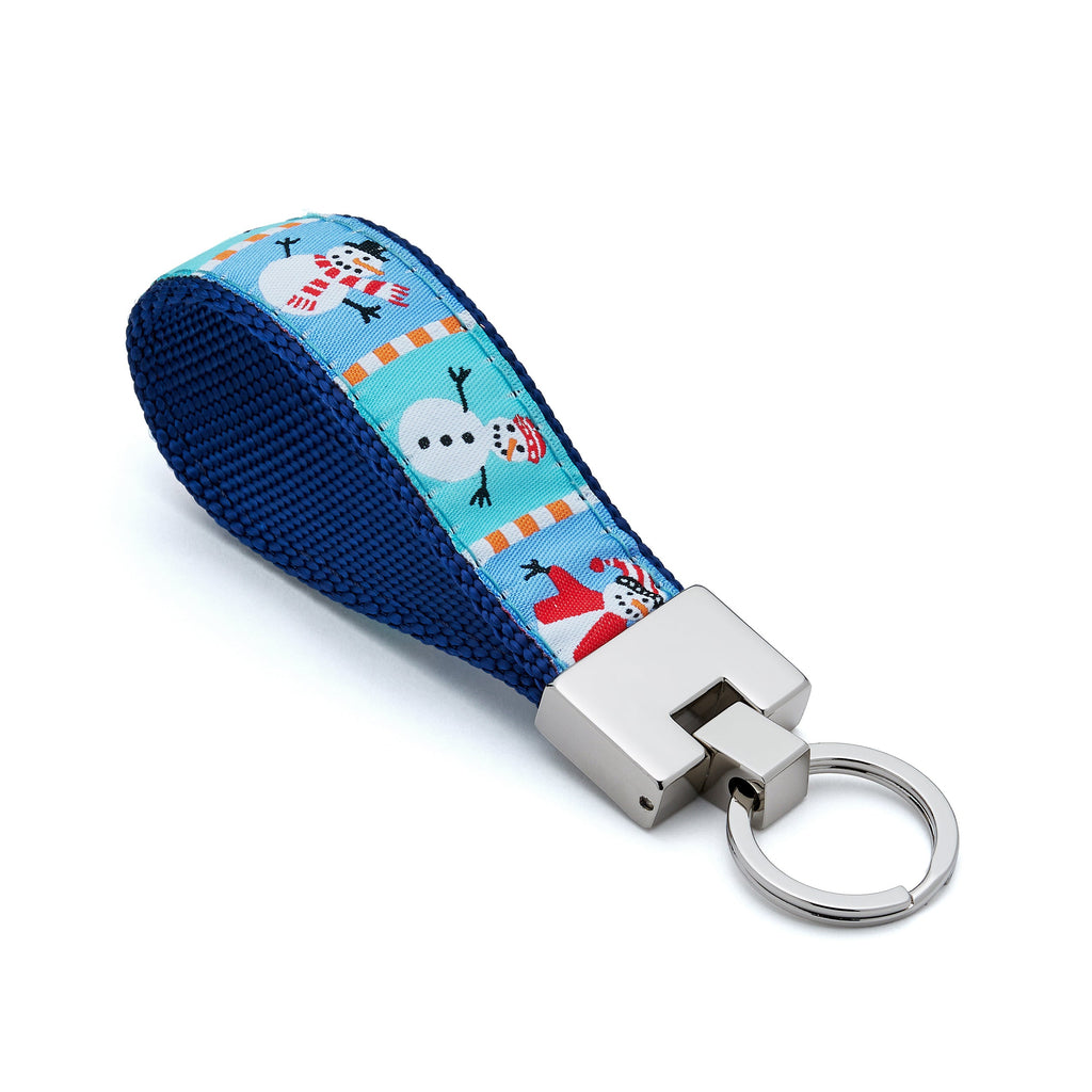 Keychain with blue strap featuring cartoon characters on a white background snowman winter christmas